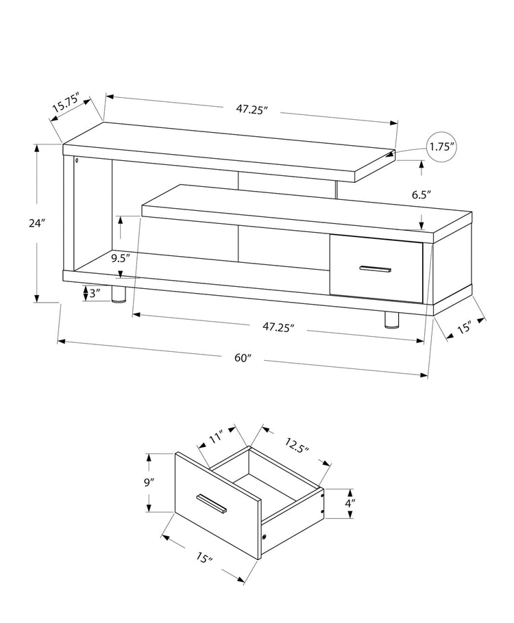 I 2575 Meuble Tv, 60 Pouces, Console, Centre De Divertissement Média, Unite De Rangement, Salon, Chambre À Coucher, Stratifié, Noir, Gris, Contemporain, Moderne - Simple Boutique