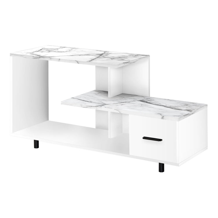 I 2609 Meuble Tv, 48 Pouces, Console, Centre De Divertissement Média, Tiroir De Rangement, Salon, Chambre À Coucher, Stratifié, Aspect Marbre Blanc, Contemporain, Moderne - Simple Boutique