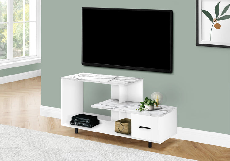 I 2609 Meuble Tv, 48 Pouces, Console, Centre De Divertissement Média, Tiroir De Rangement, Salon, Chambre À Coucher, Stratifié, Aspect Marbre Blanc, Contemporain, Moderne - Simple Boutique