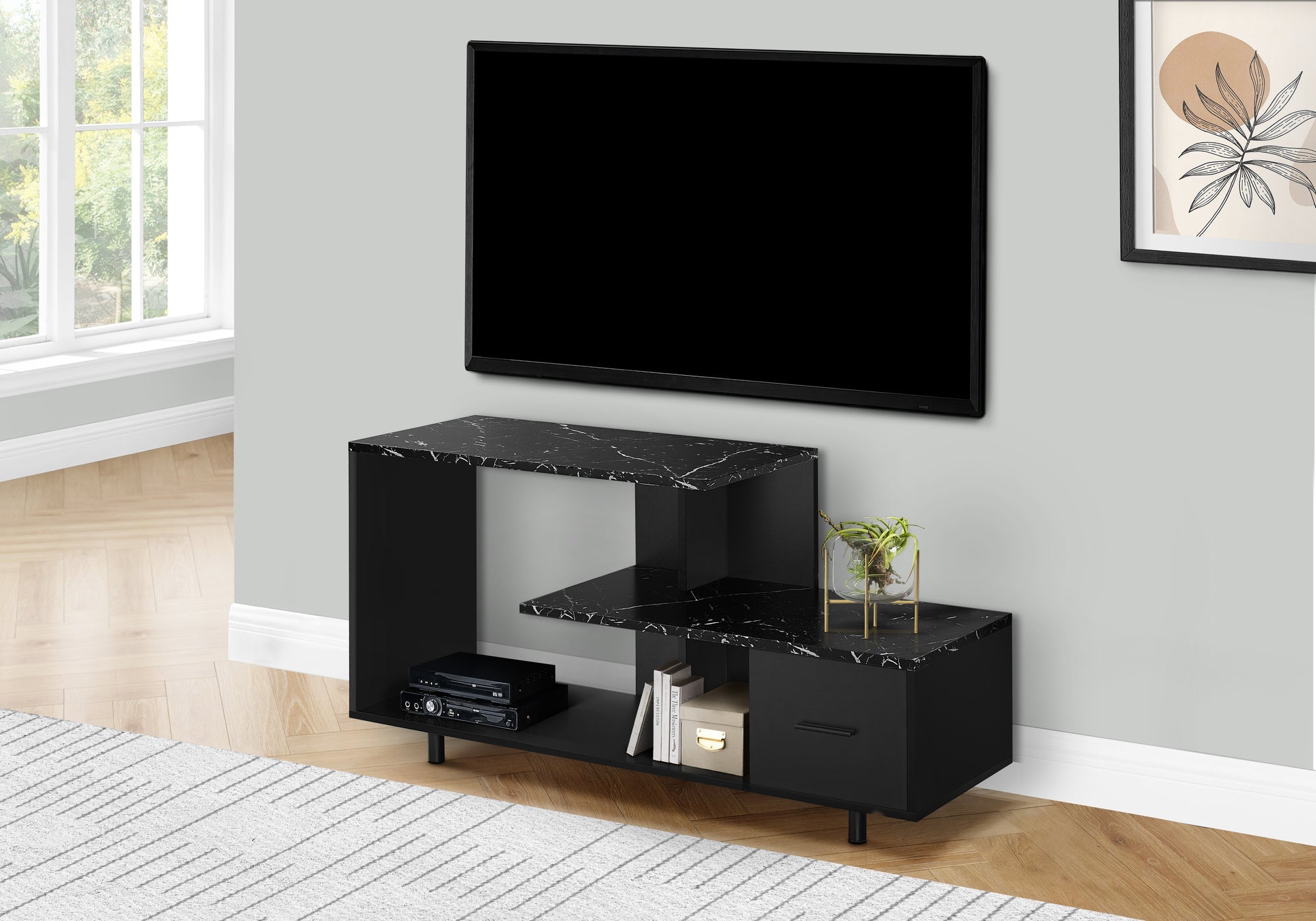 I 2610 Meuble Tv, 48 Pouces, Console, Centre De Divertissement Média, Tiroir De Rangement, Salon, Chambre À Coucher, Stratifié, D'aspect Marbre Noir, Contemporain, Moderne - Simple Boutique