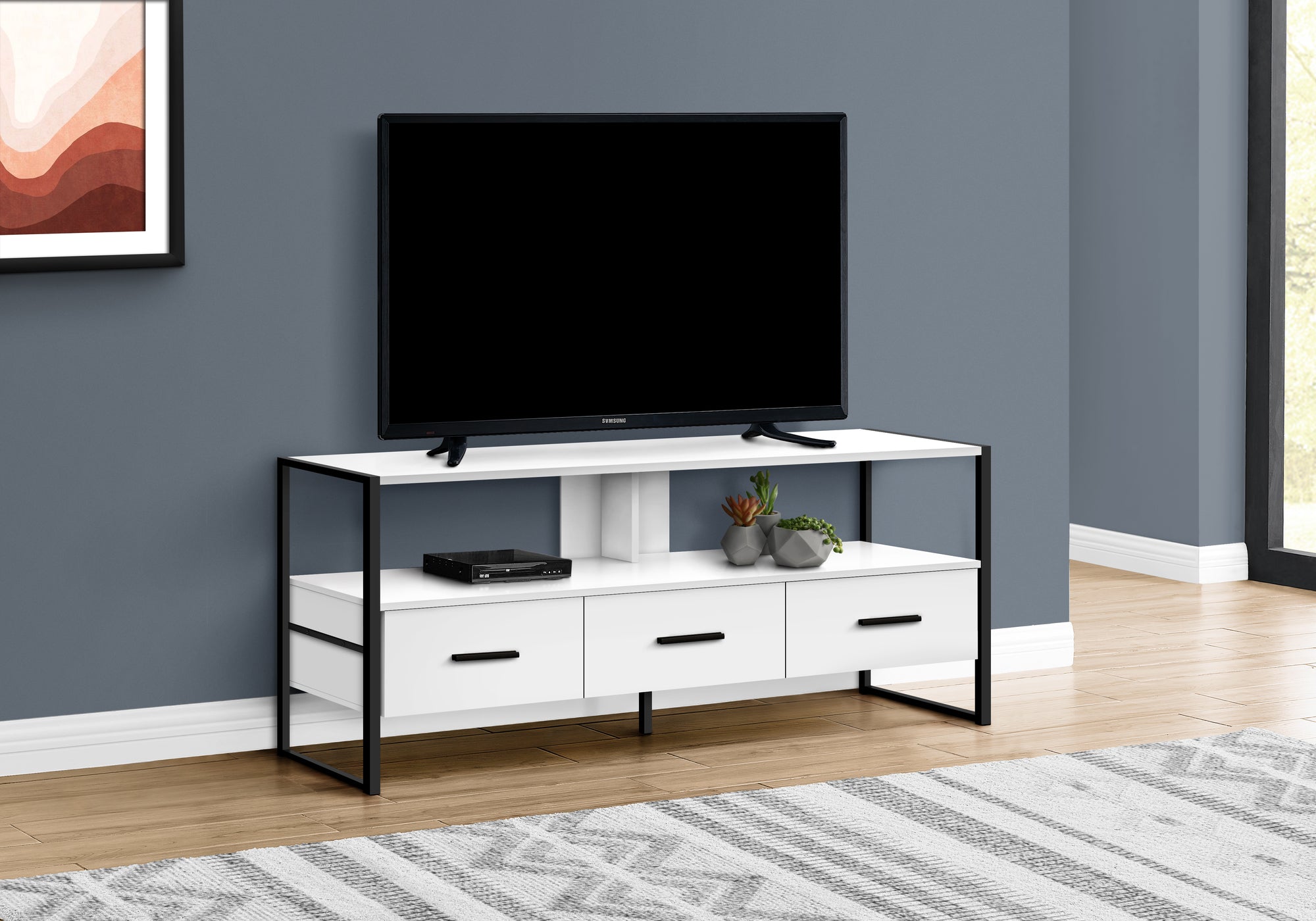 I 2615 Meuble Tv, 48 Pouces, Console, Centre De Divertissement Média, Tiroirs De Rangement, Salon, Chambre À Coucher, Stratifié, Métal, Blanc, Noir, Contemporain, Moderne - Simple Boutique