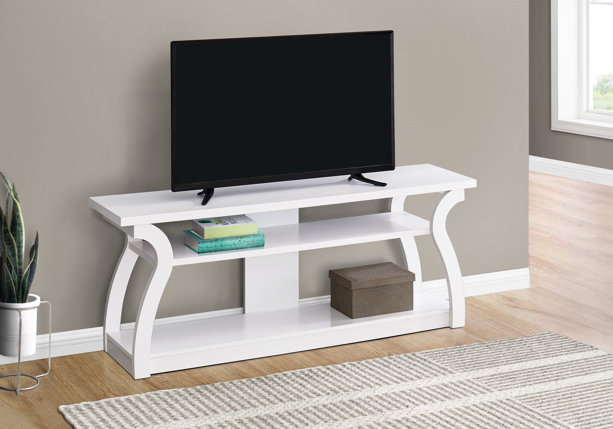 I 2665 Meuble Tv, 60 Pouces, Console, Centre De Divertissement Média, Étagères De Rangement, Salon, Chambre À Coucher, Stratifié, Blanc, Contemporain, Moderne - Simple Boutique