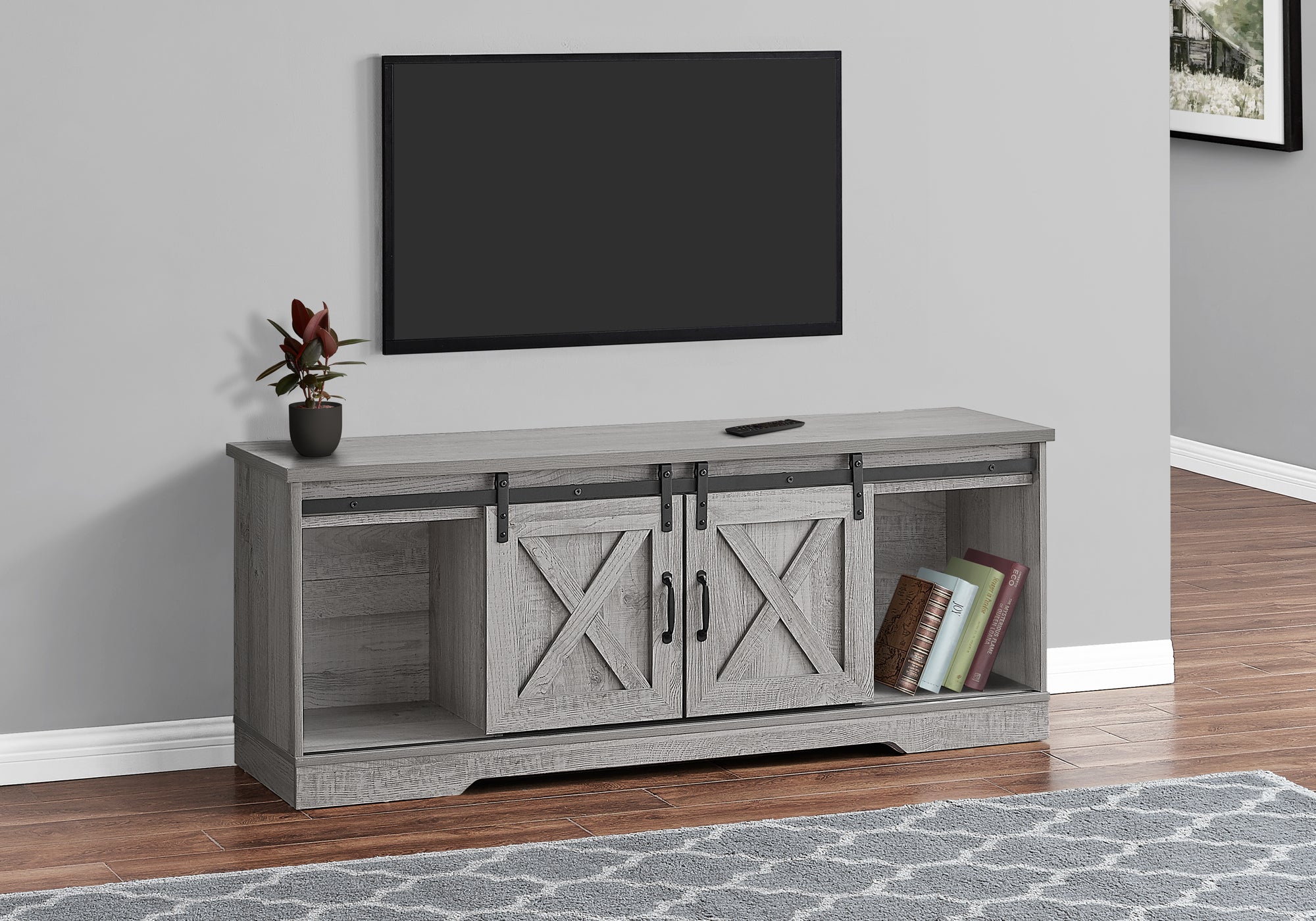 I 2747 Meuble Tv, 60 Pouces, Console, Centre De Divertissement Média, Unite De Rangement, Salon, Chambre À Coucher, Stratifié, Gris, Transitionnel - Simple Boutique