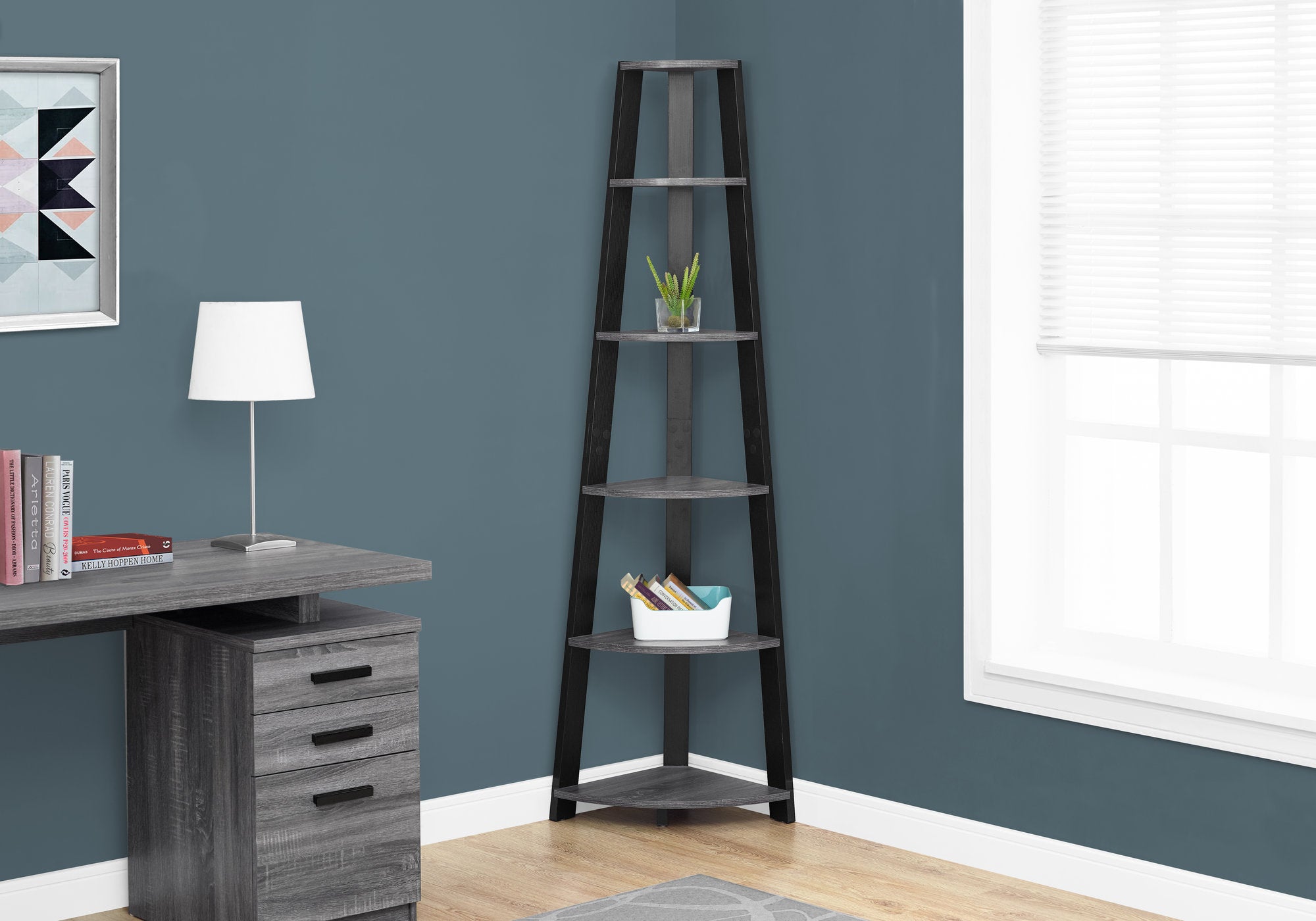 I 2750 Étagère À Livres, Étagère, Étagère, Coin, 5 Niveaux, 72"h, Bureau, Chambre À Coucher, Stratifié, Gris, Noir, Contemporain, Moderne - Simple Boutique