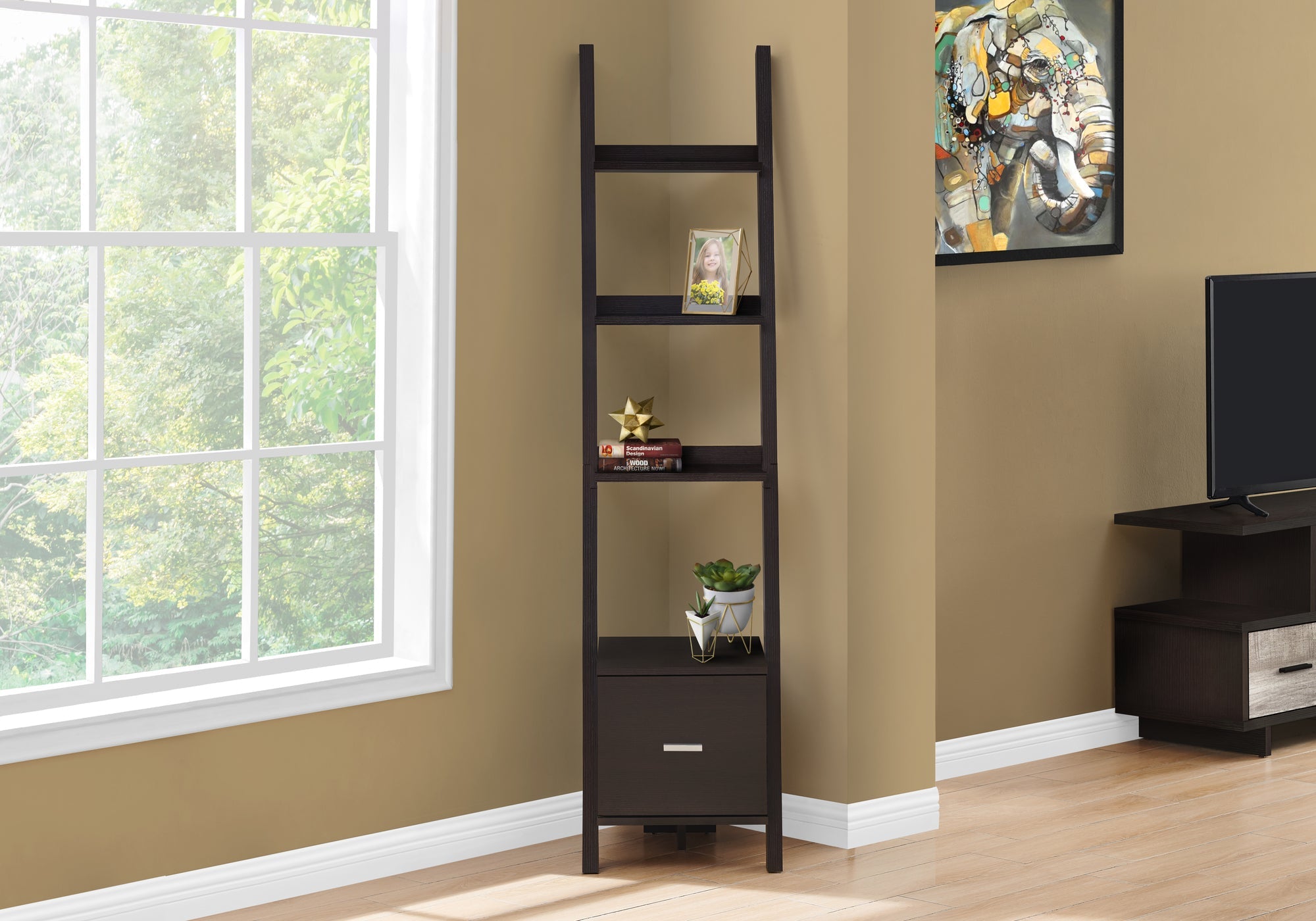 I 2765 Étagère À Livres, Étagère, Étagère, Coin, Échelle, 69"h, Bureau, Chambre À Coucher, Stratifié, Brun, Contemporain, Moderne - Simple Boutique