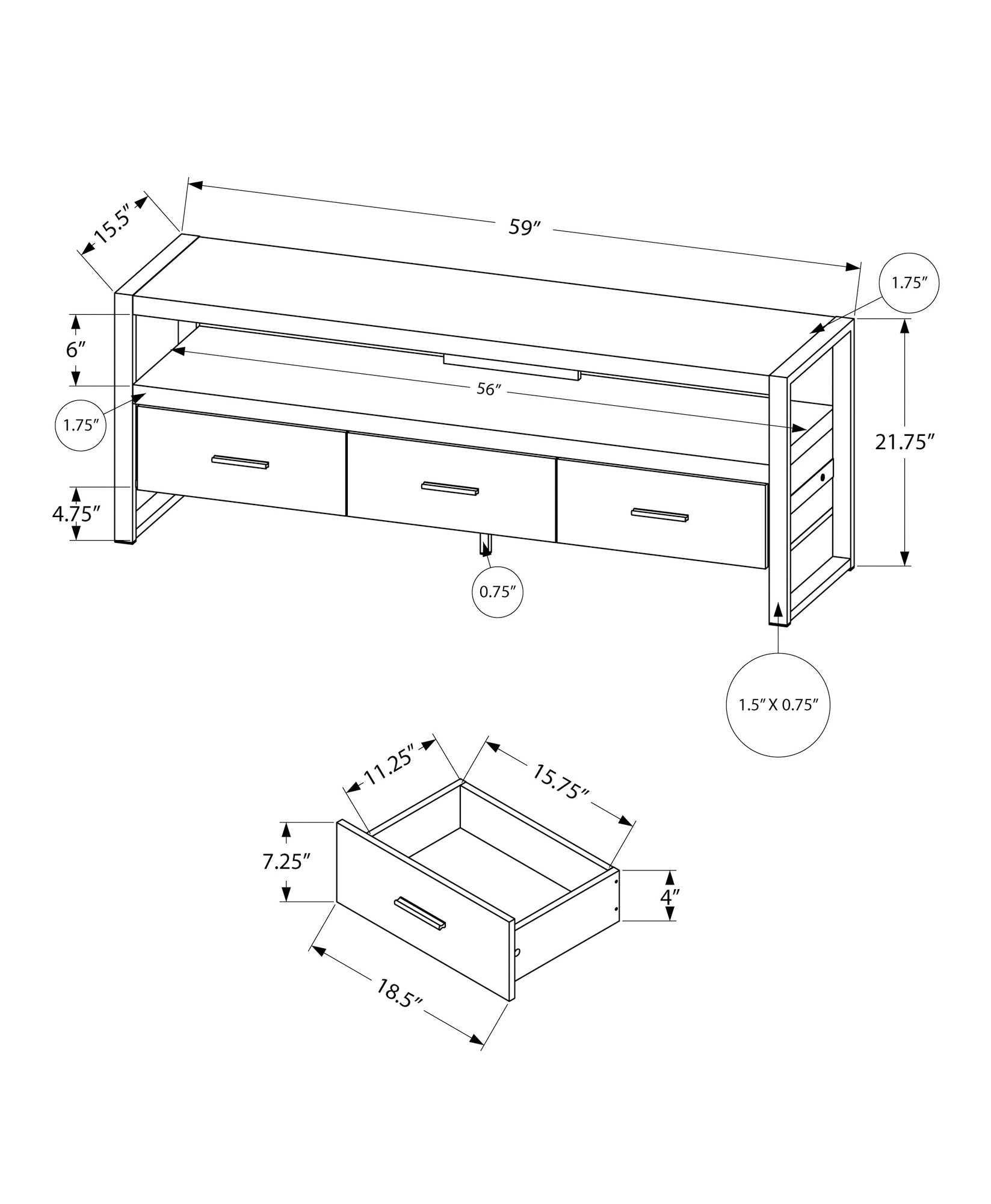 I 2820 Meuble Tv, 60 Pouces, Console, Centre De Divertissement Média, Tiroirs De Rangement, Salon, Chambre À Coucher, Métal, Stratifié, Brun, Noir, Contemporain, Moderne - Simple Boutique