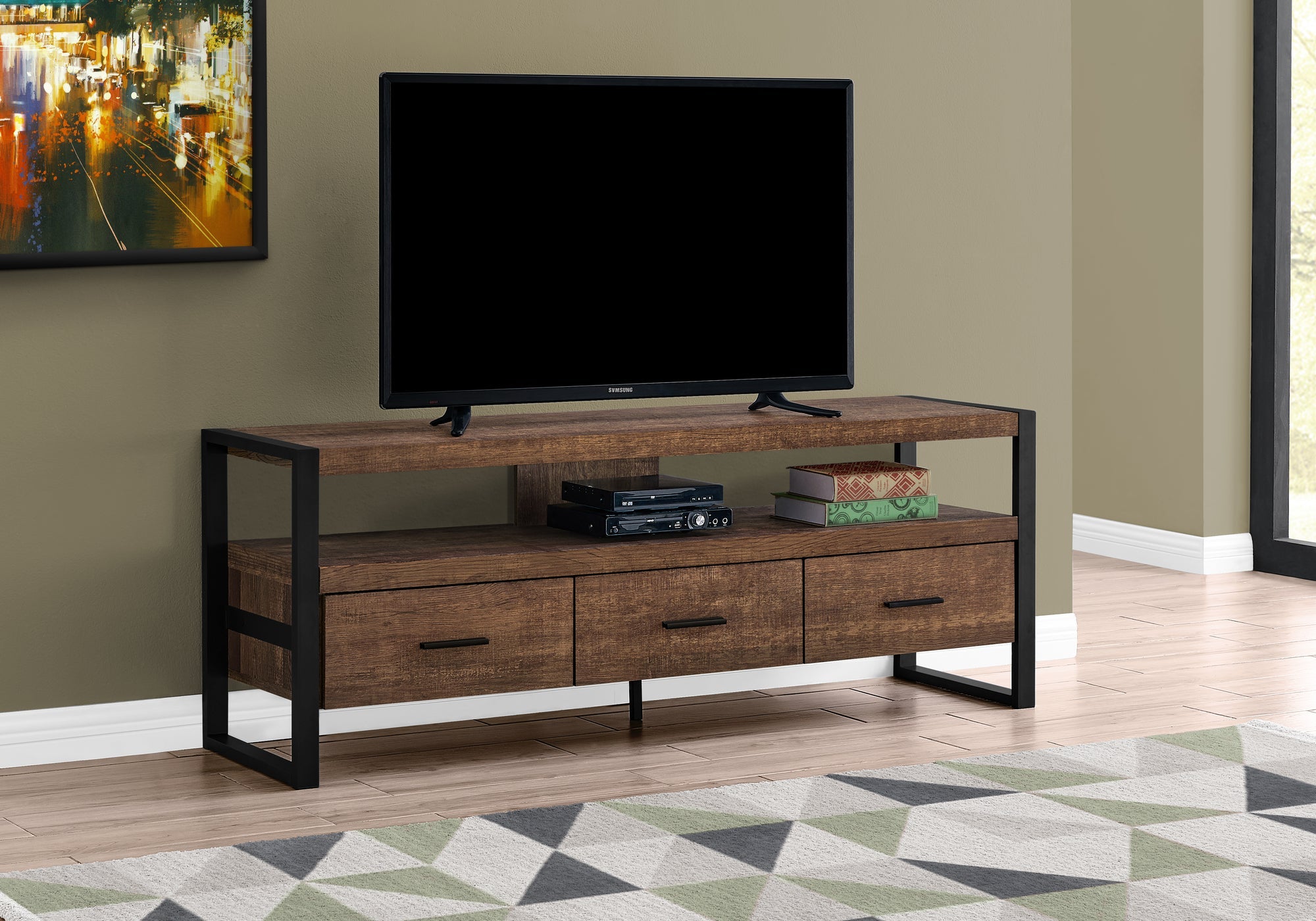 I 2820 Meuble Tv, 60 Pouces, Console, Centre De Divertissement Média, Tiroirs De Rangement, Salon, Chambre À Coucher, Métal, Stratifié, Brun, Noir, Contemporain, Moderne - Simple Boutique