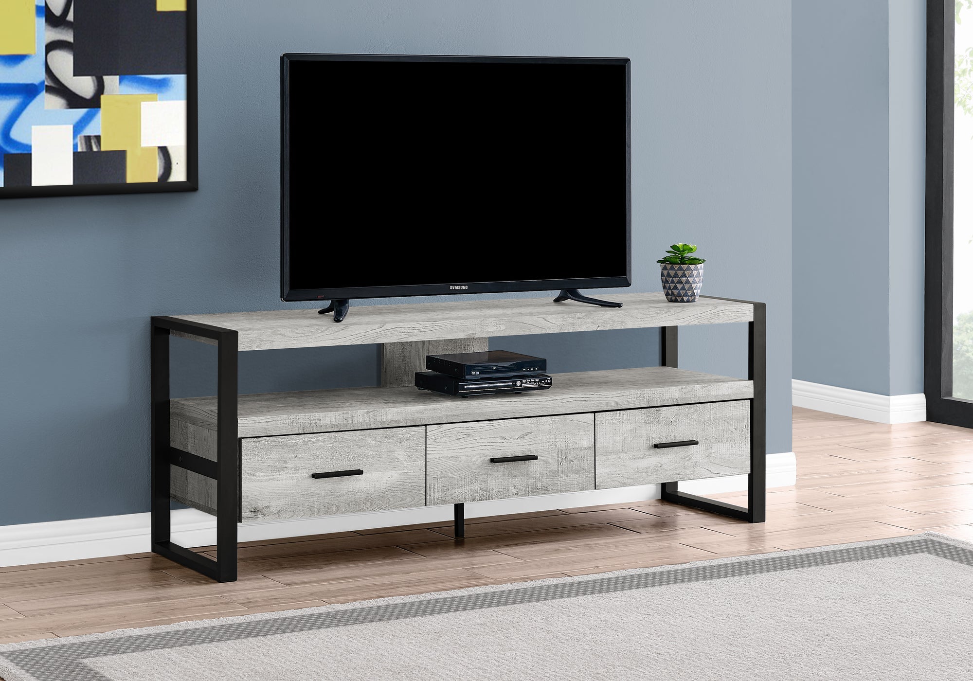 I 2821 Meuble Tv, 60 Pouces, Console, Centre De Divertissement Média, Tiroirs De Rangement, Salon, Chambre À Coucher, Métal, Stratifié, Gris, Noir, Contemporain, Moderne - Simple Boutique