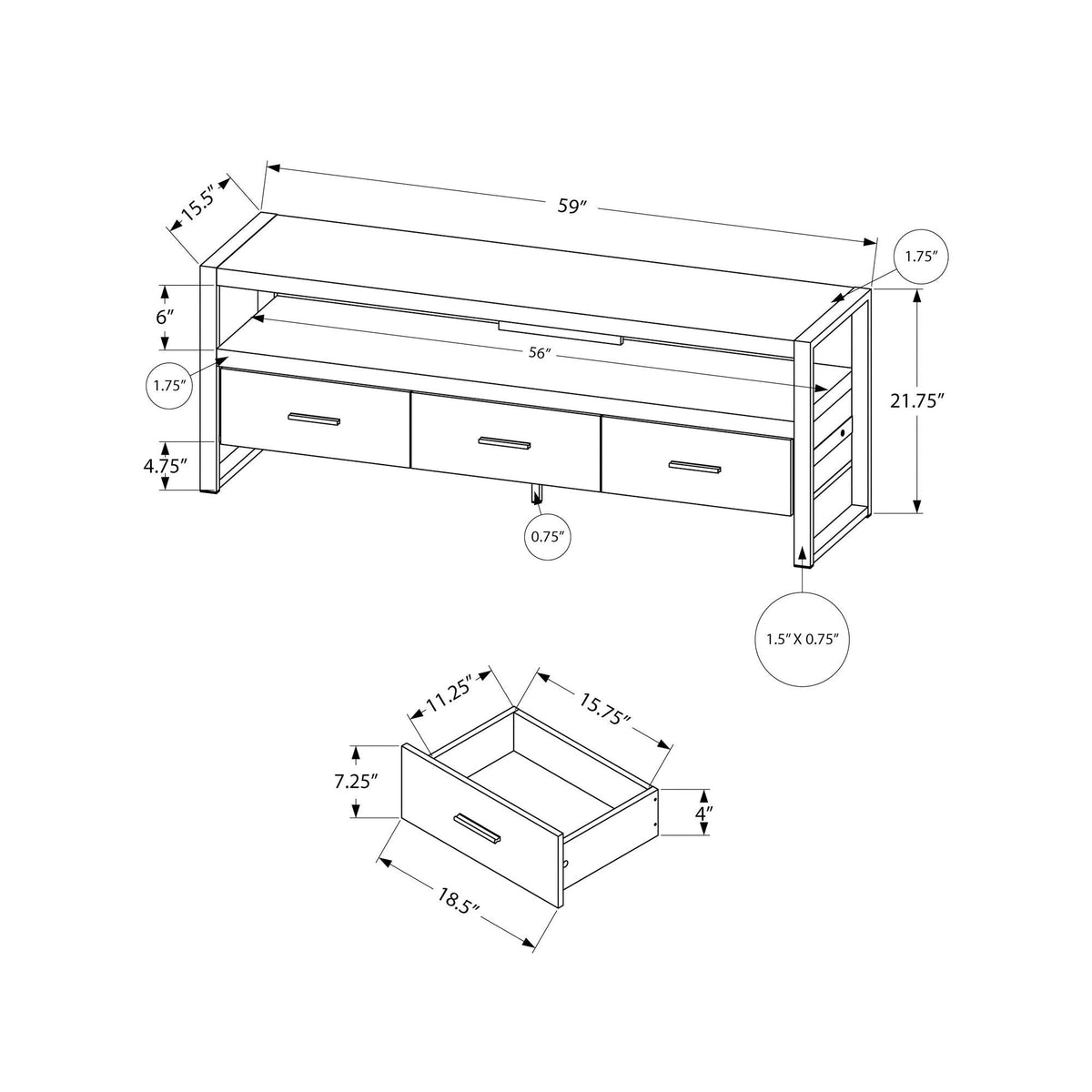 I 2823 Meuble Tv, 60 Pouces, Console, Centre De Divertissement Média, Tiroirs De Rangement, Salon, Chambre À Coucher, Métal, Stratifié, Noir, Contemporain, Moderne - Simple Boutique