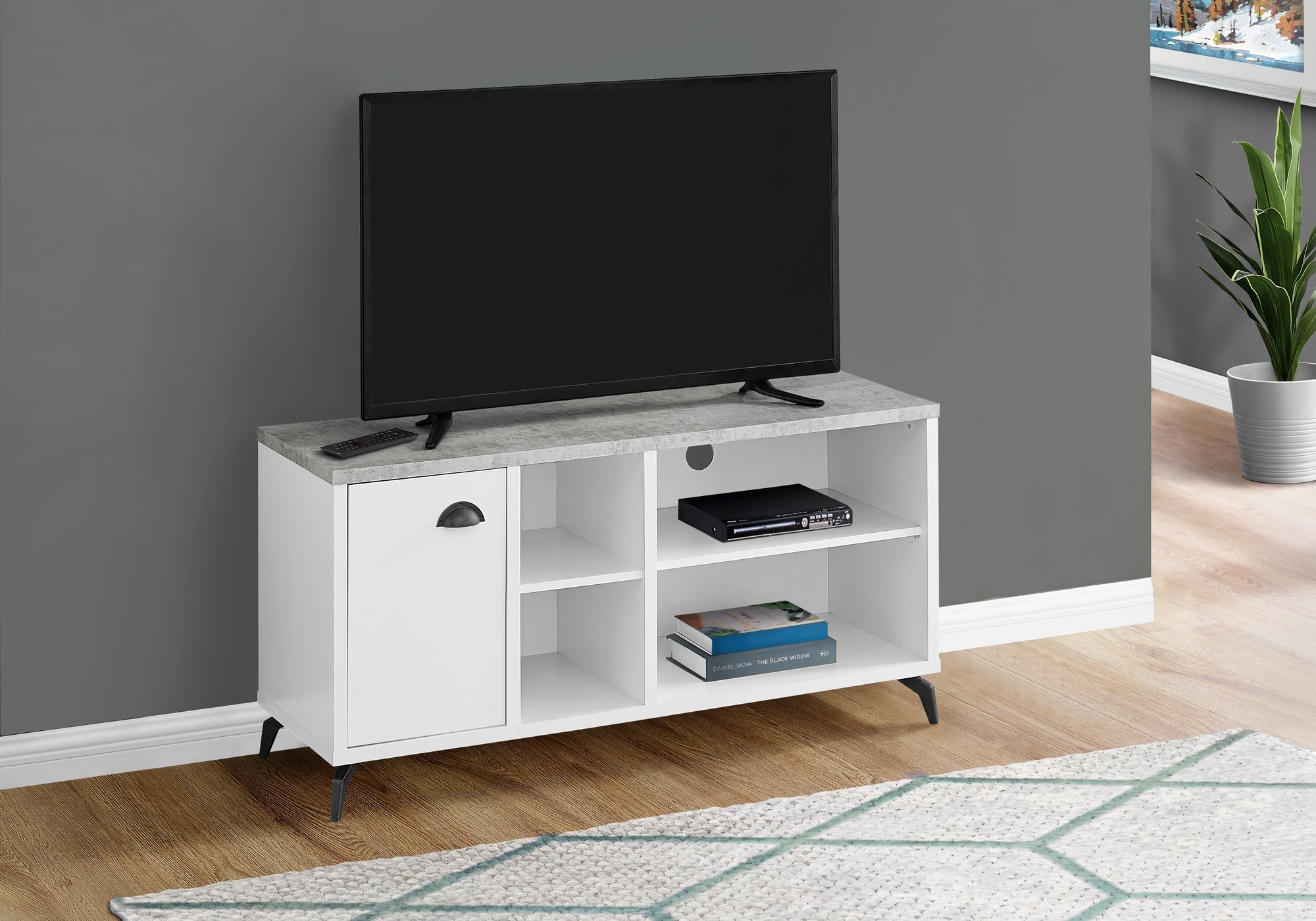 I 2840 Meuble Tv, 48 Pouces, Console, Centre De Divertissement Média, Unite De Rangement, Salon, Chambre À Coucher, Stratifié, Métal, Gris, Blanc, Contemporain, Moderne - Simple Boutique