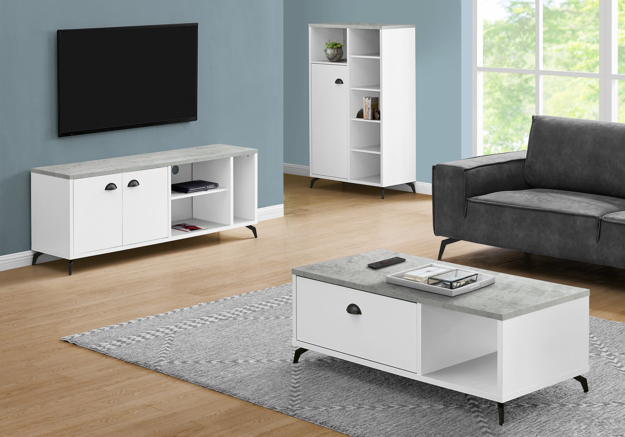 I 2841 Meuble Tv, 60 Pouces, Console, Centre De Divertissement Média, Unite De Rangement, Salon, Chambre À Coucher, Stratifié, Métal, Gris, Blanc, Contemporain, Moderne - Simple Boutique