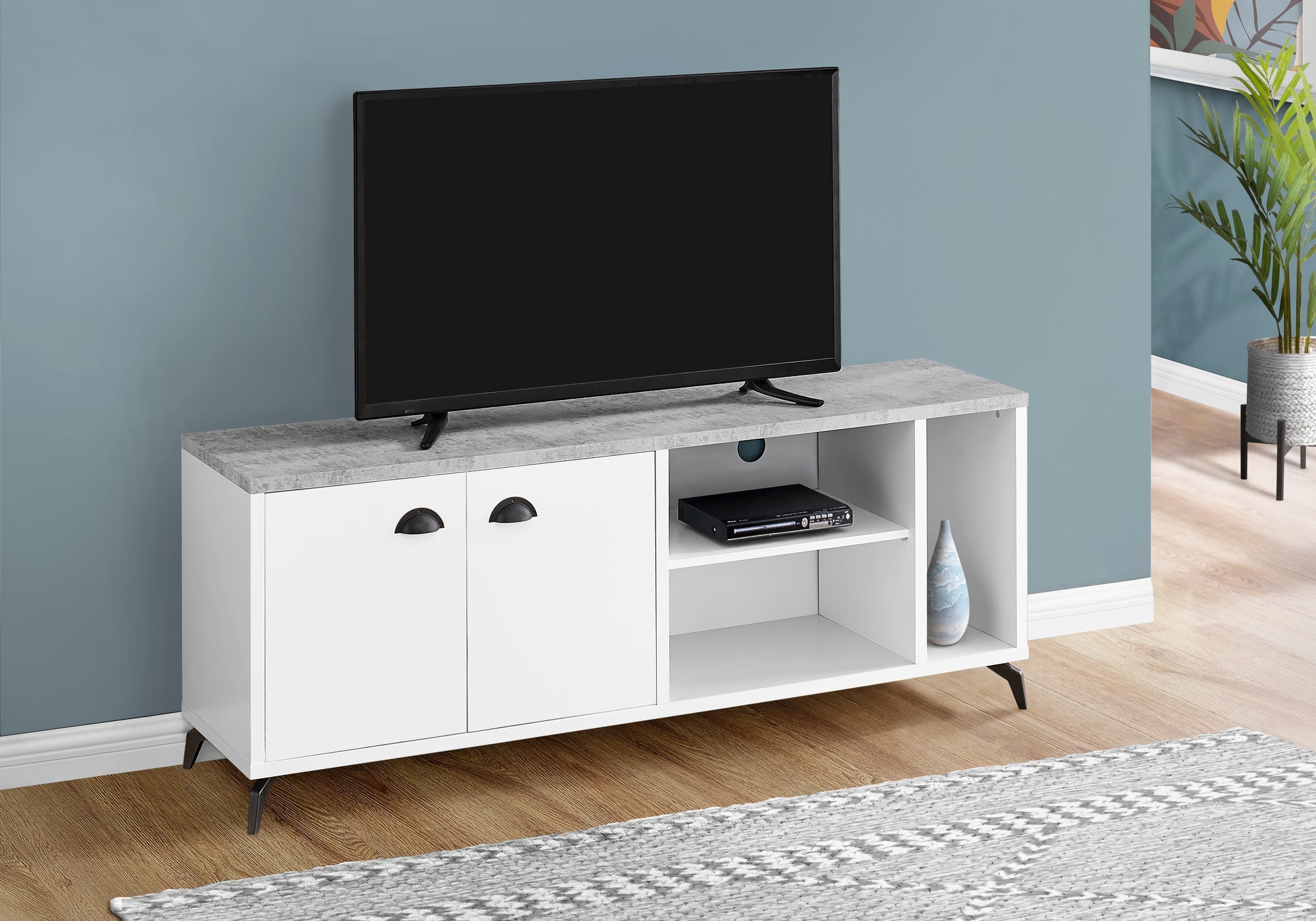 I 2841 Meuble Tv, 60 Pouces, Console, Centre De Divertissement Média, Unite De Rangement, Salon, Chambre À Coucher, Stratifié, Métal, Gris, Blanc, Contemporain, Moderne - Simple Boutique