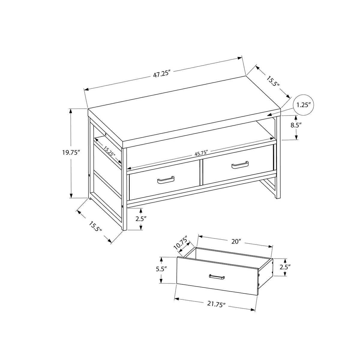 Monarch Specialties I 2871 Meuble Tv, 48 Pouces, Console, Centre De Divertissement Média, Tiroirs De Rangement, Salon, Chambre À Coucher, Stratifié, Métal, Gris, Noir, Contemporain, Moderne - Simple Boutique