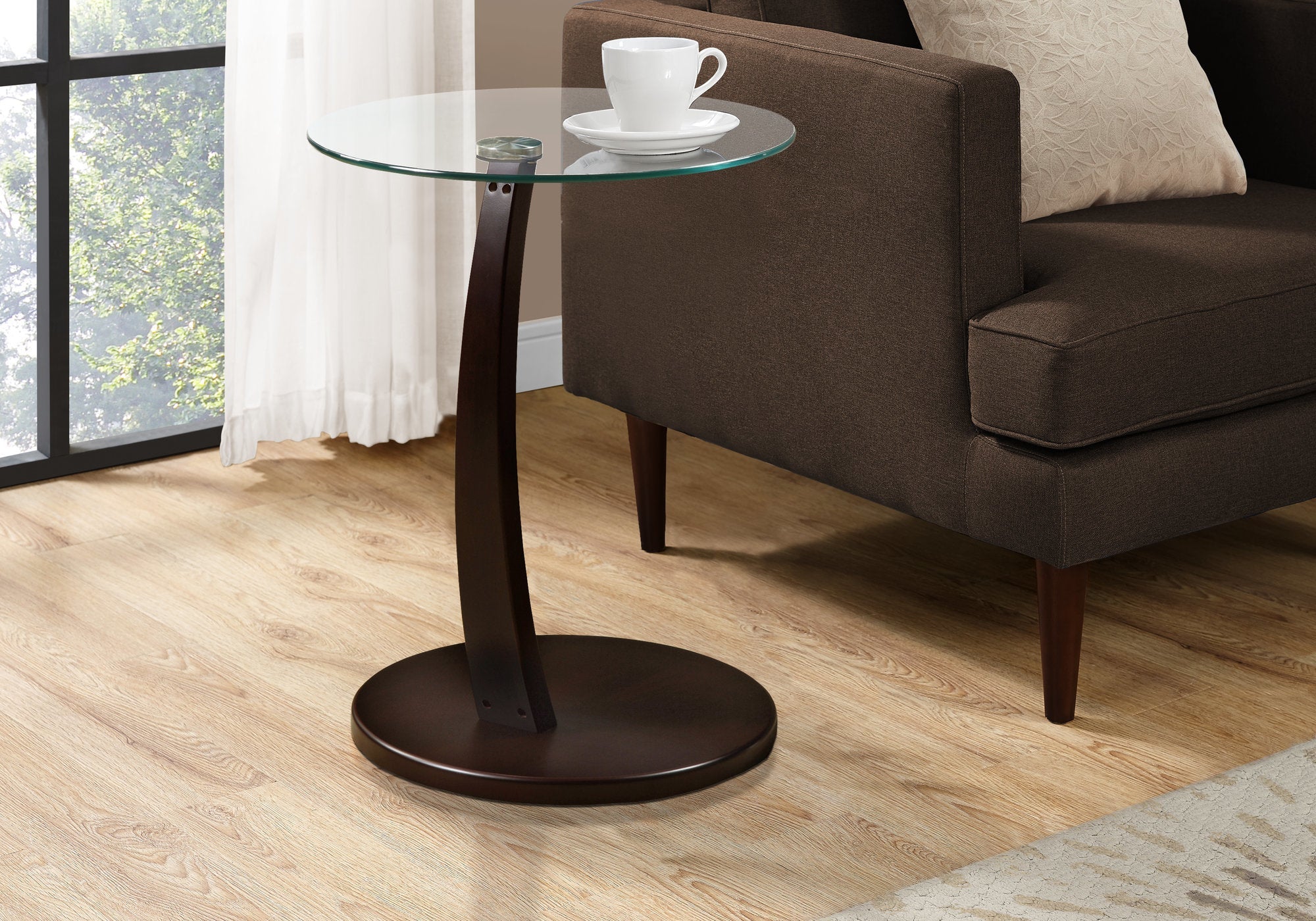 I 3001 Table D'appoint, En Forme De C, Bout, Côté, Collation, Salon, Chambre À Coucher, Stratifié, Verre Trempé, Brun, Dégager, Contemporain, Moderne - Simple Boutique