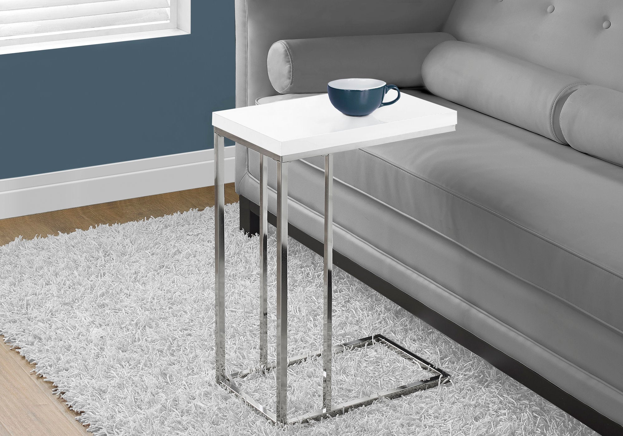 I 3008 Table D'appoint, En Forme De C, Bout, Côté, Collation, Salon, Chambre À Coucher, Métal, Stratifié, Blanc Lustré, Chrome, Contemporain, Moderne - Simple Boutique
