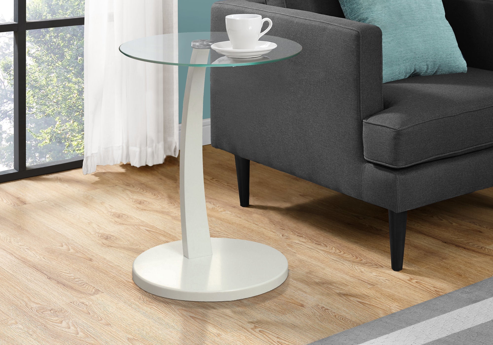 I 3017 Table D'appoint, En Forme De C, Bout, Côté, Collation, Salon, Chambre À Coucher, Stratifié, Verre Trempé, Blanc, Dégager, Contemporain, Moderne - Simple Boutique