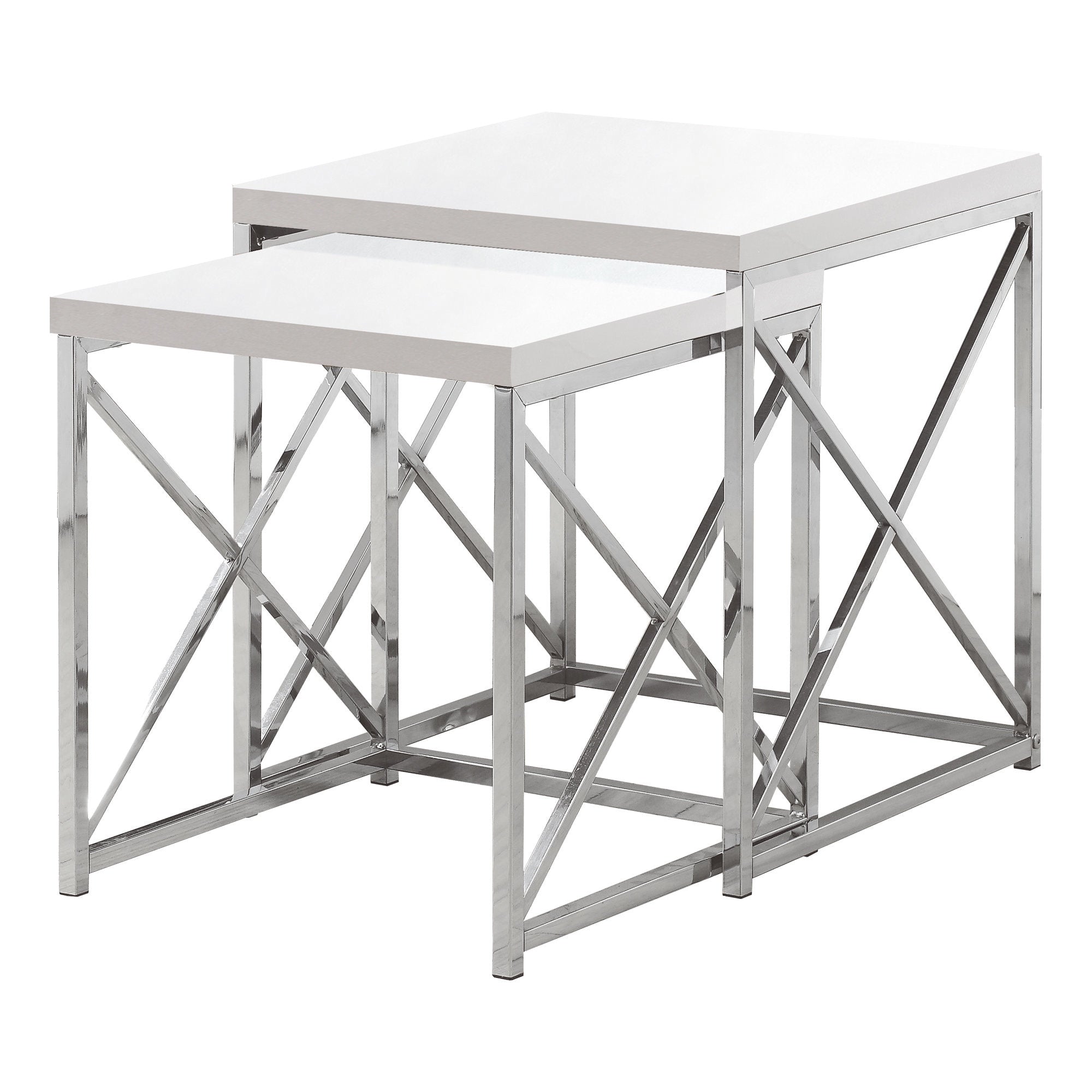 I 3025 Tables Gigognes, Lot De 2, Côté, Bout, Métal, Accent, Salon, Chambre À Coucher, Métal, Stratifié, Blanc Lustré, Chrome, Contemporain, Moderne - Simple Boutique