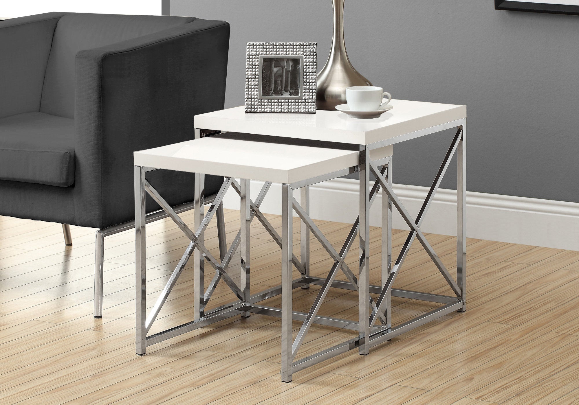 I 3025 Tables Gigognes, Lot De 2, Côté, Bout, Métal, Accent, Salon, Chambre À Coucher, Métal, Stratifié, Blanc Lustré, Chrome, Contemporain, Moderne - Simple Boutique