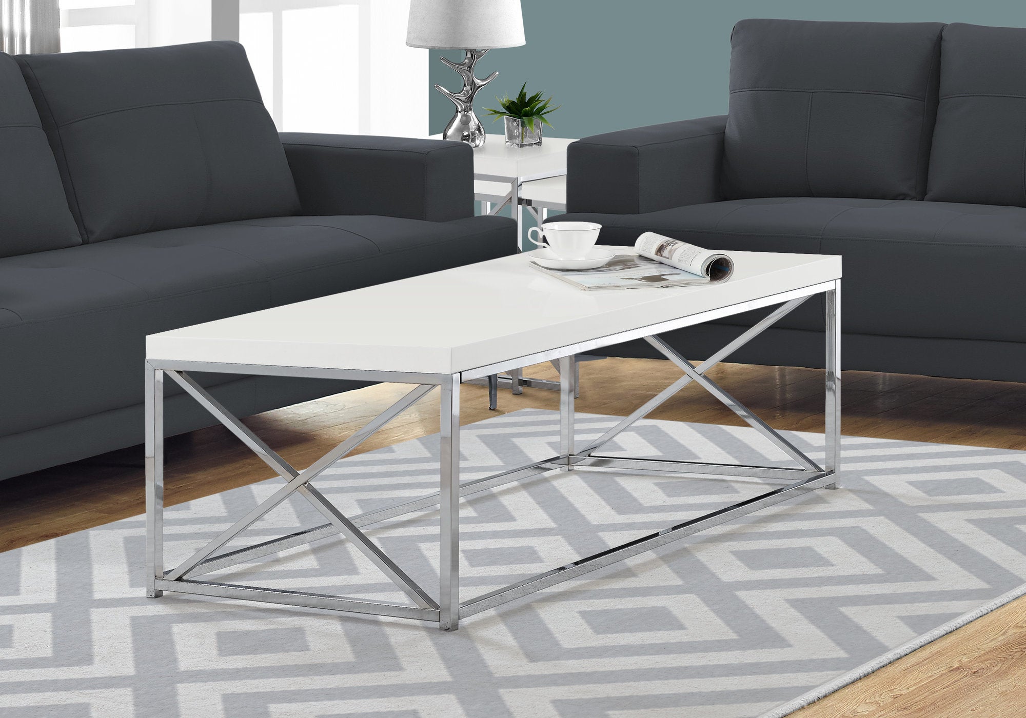 I 3028 Table A Café, Accent, Cocktail, Rectangulaire, Salon, 44"l, Métal, Stratifié, Blanc Lustré, Chrome, Contemporain, Moderne - Simple Boutique