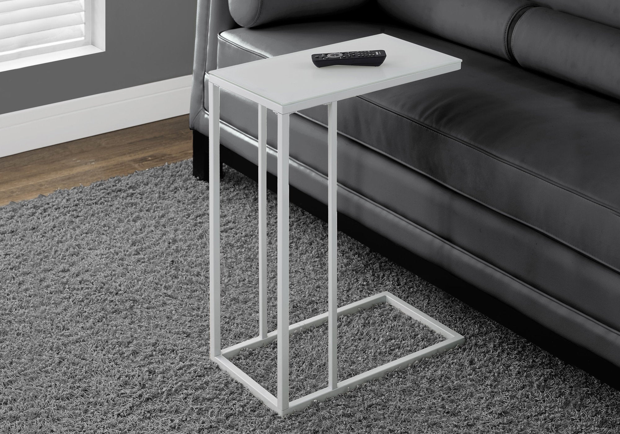 I 3037 Table D'appoint, En Forme De C, Bout, Côté, Collation, Salon, Chambre À Coucher, Métal, Verre Trempé, Blanc, Contemporain, Moderne - Simple Boutique