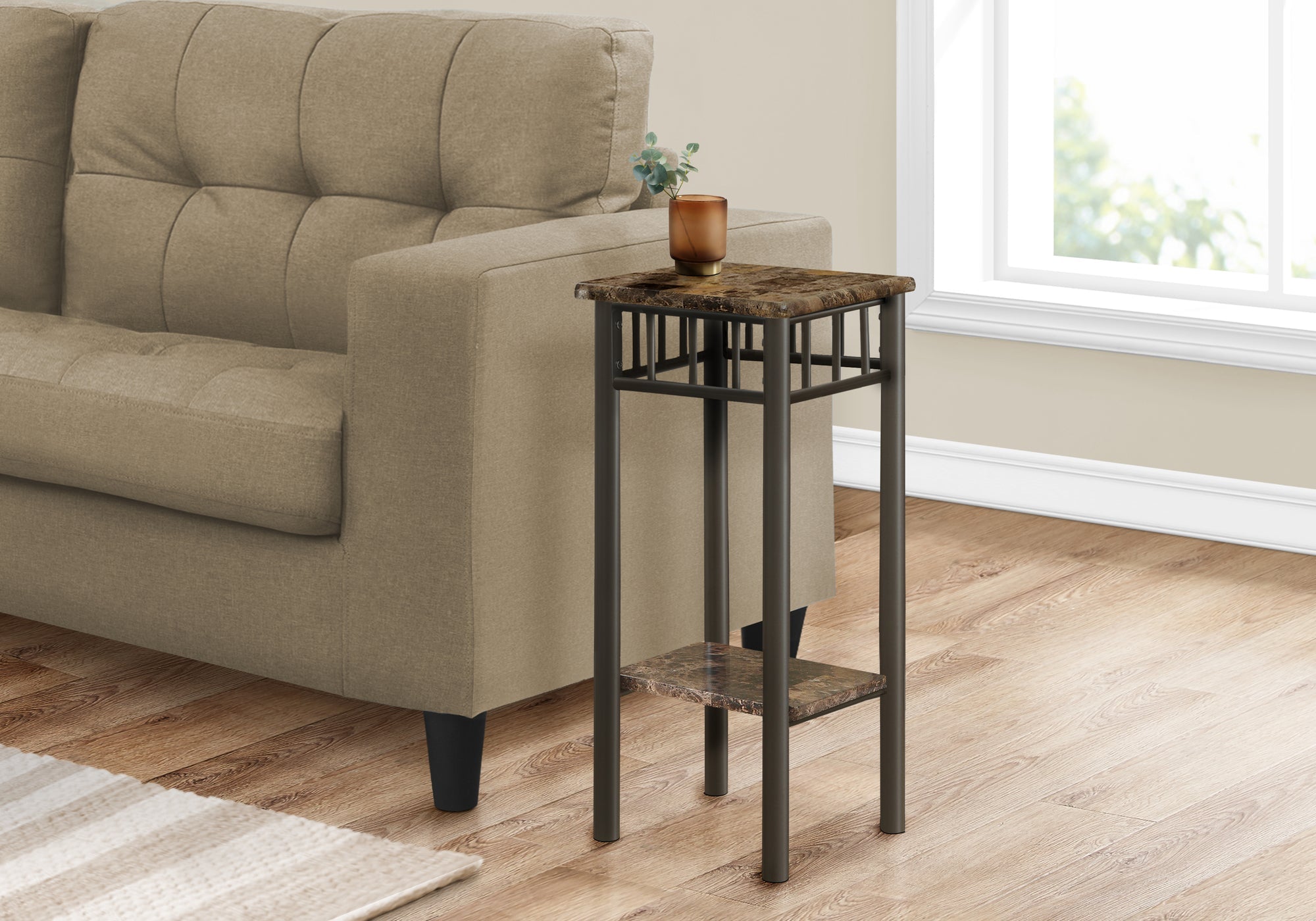 I 3044 Table D'appoint, Côté, Bout, Support Pour Plantes, Carré, Salon, Chambre À Coucher, Métal, Stratifié, D'aspect Marbre Brun, Transitionnel - Simple Boutique