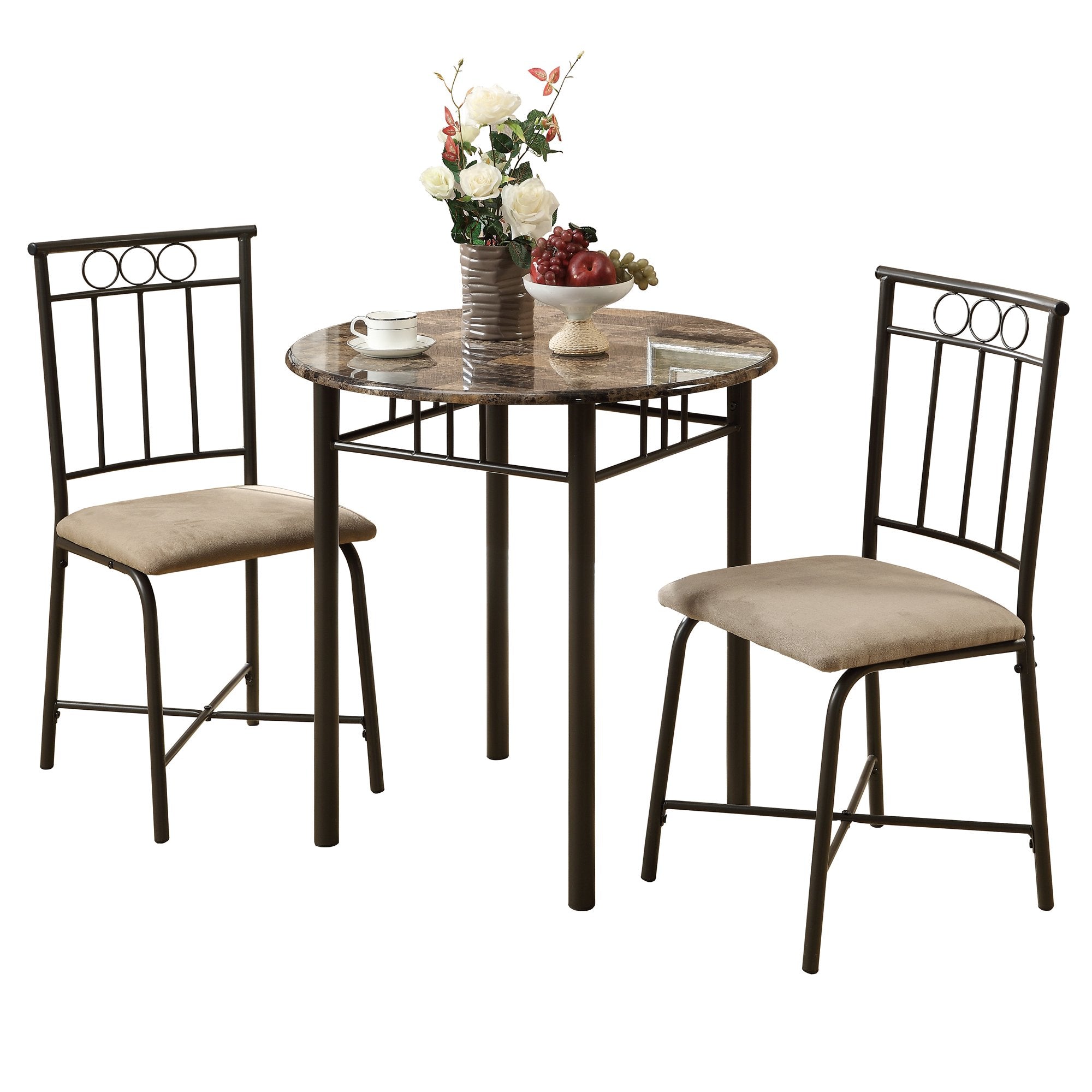 I 3045 Ensemble De Table À Manger, Ensemble 3pcs, Petit, 30" Rond, Cuisine, Métal, Stratifié, D'aspect Marbre Brun, Transitionnel - Simple Boutique