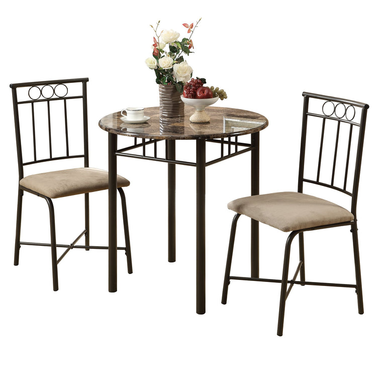 I 3045 Ensemble De Table À Manger, Ensemble 3pcs, Petit, 30" Rond, Cuisine, Métal, Stratifié, D'aspect Marbre Brun, Transitionnel - Simple Boutique