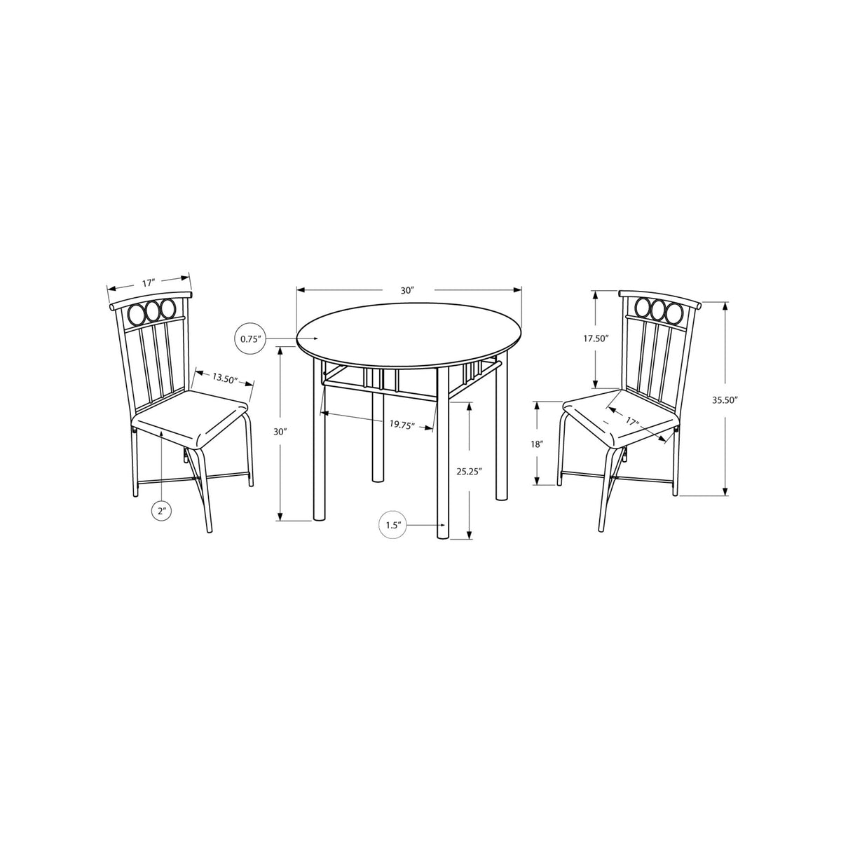 Monarch Specialties I 3045 Ensemble De Table À Manger, Ensemble 3pcs, Petit, 30" Rond, Cuisine, Métal, Stratifié, D'aspect Marbre Brun, Transitionnel - Simple Boutique