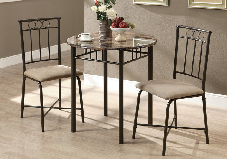 I 3045 Ensemble De Table À Manger, Ensemble 3pcs, Petit, 30" Rond, Cuisine, Métal, Stratifié, D'aspect Marbre Brun, Transitionnel - Simple Boutique