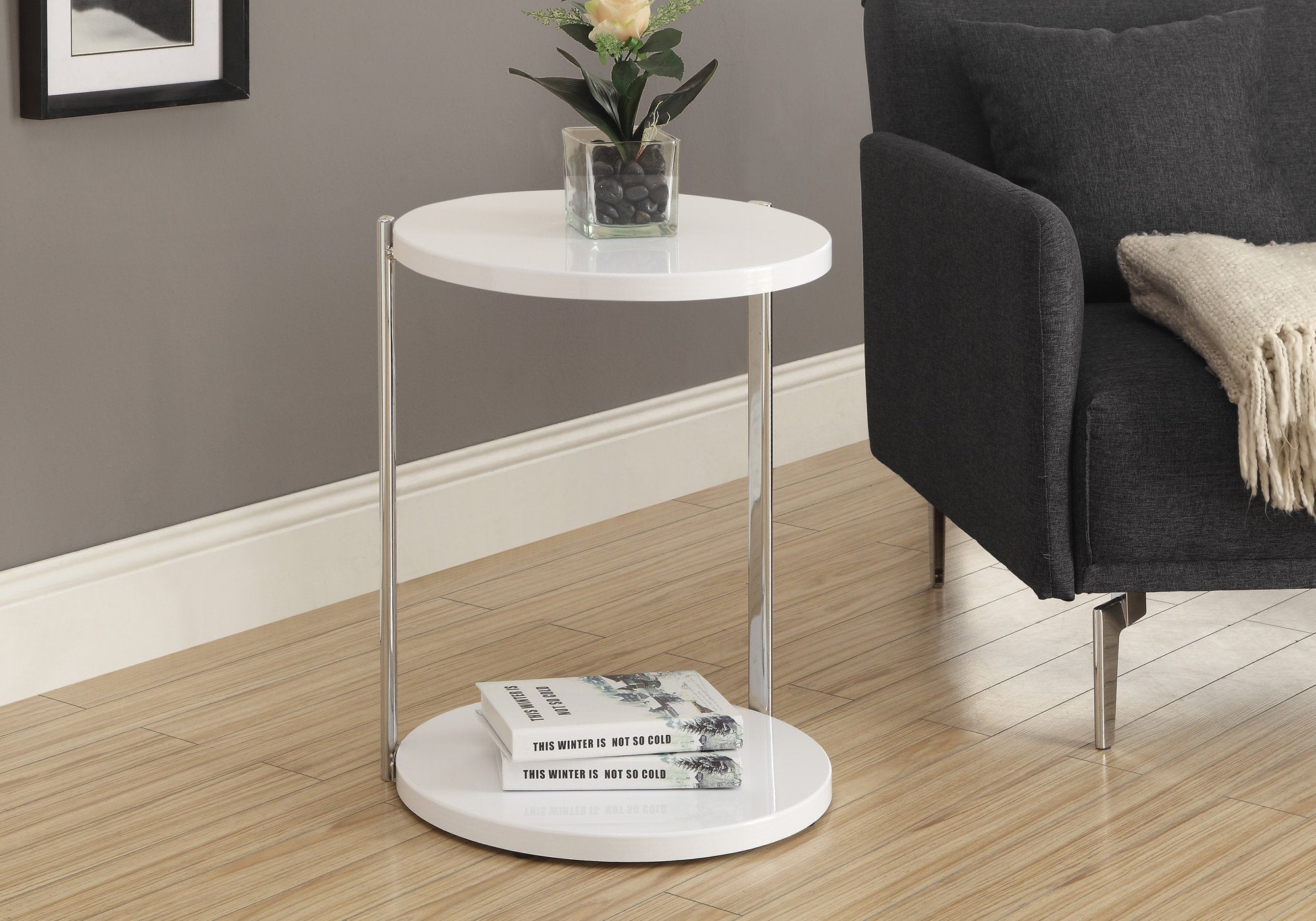 I 3056 Table D'appoint, Rond, Côté, Bout, Table De Nuit, Lampe, Salon, Chambre À Coucher, Métal, Stratifié, Blanc Lustré, Chrome, Contemporain, Moderne - Simple Boutique