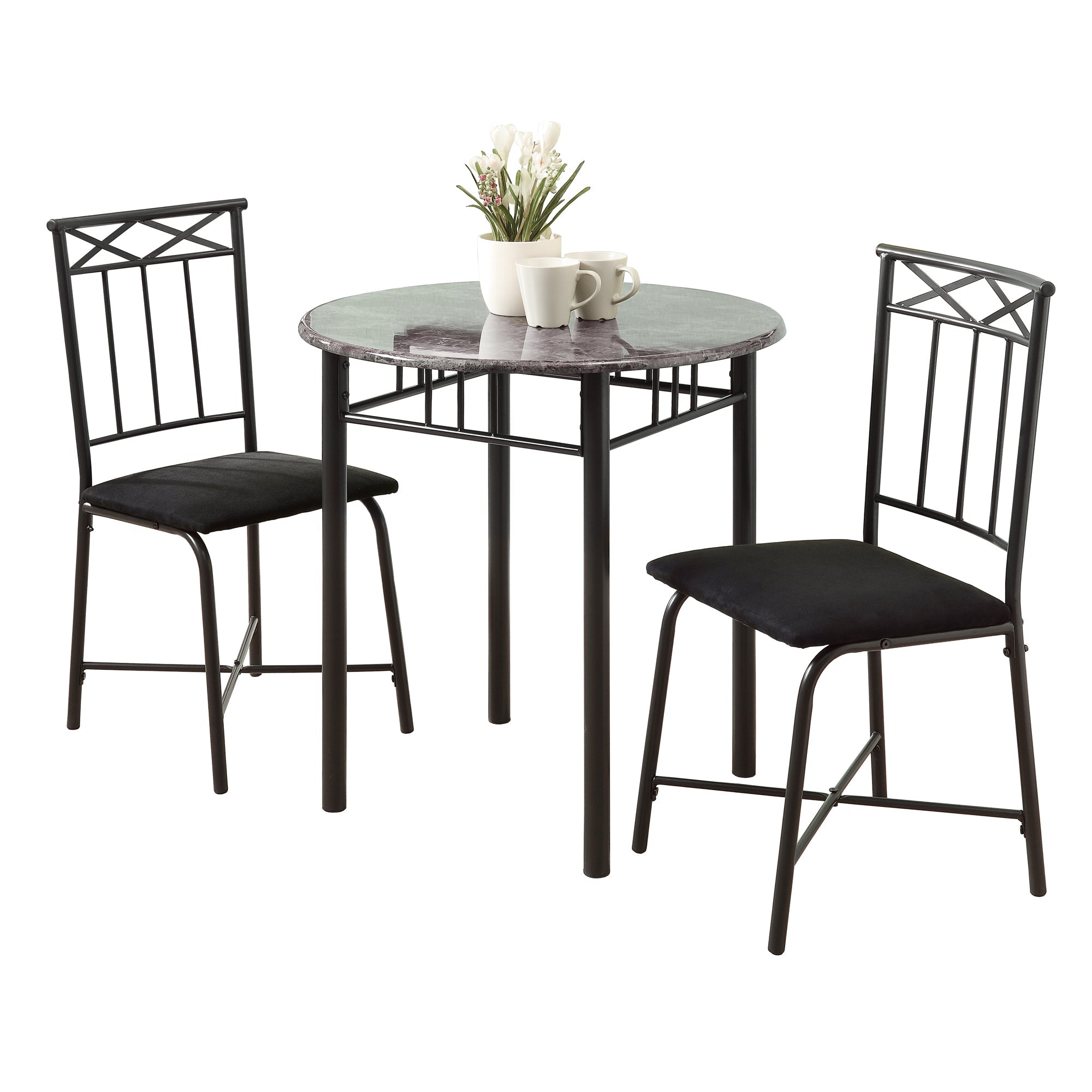 I 3065 Ensemble De Table À Manger, Ensemble 3pcs, Petit, 30" Rond, Cuisine, Métal, Stratifié, Aspect Marbre Gris, Noir, Transitionnel - Simple Boutique