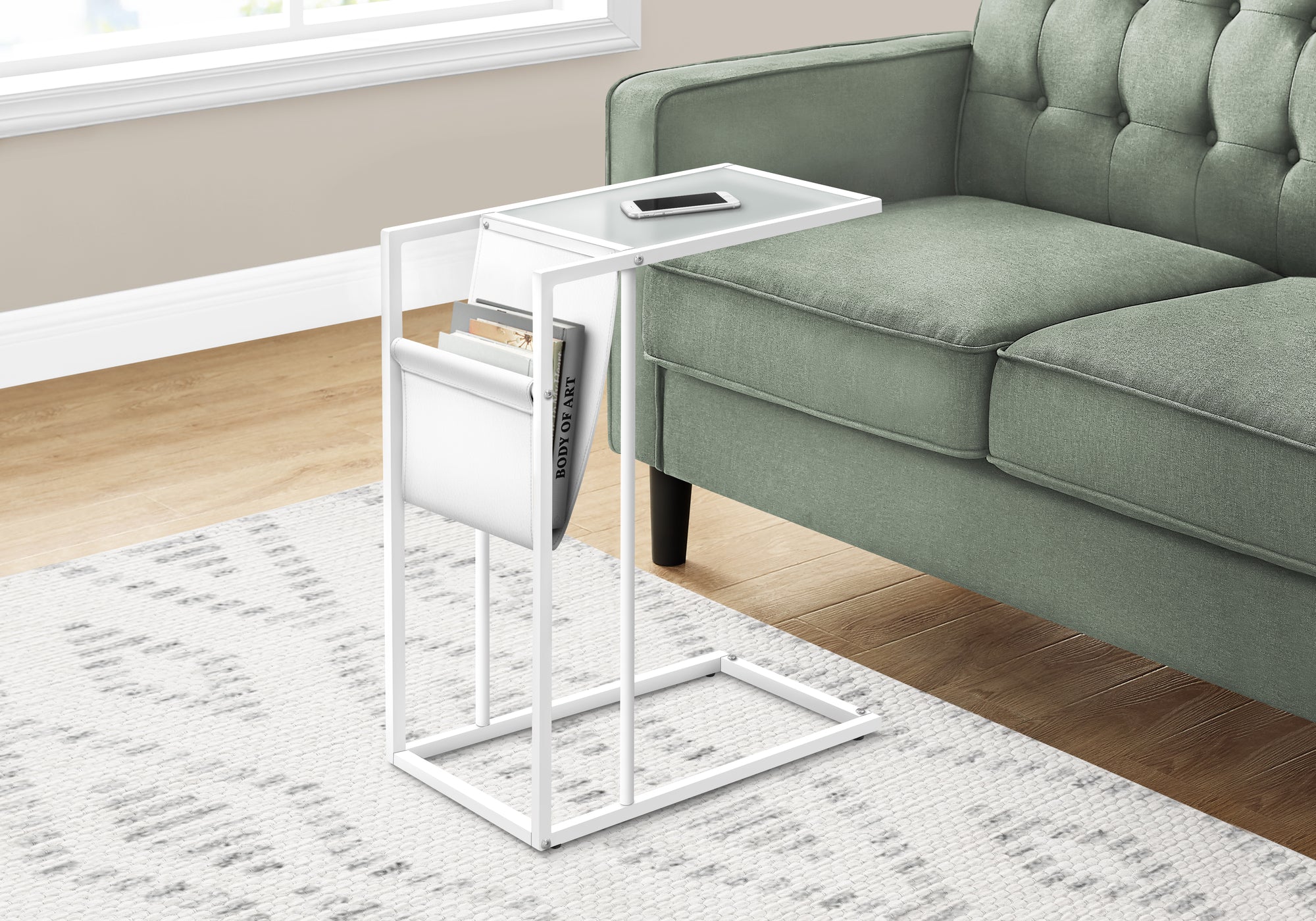 I 3067 Table D'appoint, En Forme De C, Bout, Côté, Collation, Stockage Du Magazine, Salon, Chambre À Coucher, Métal, Pu D'aspect Cuir, Verre Trempé, Blanc, Contemporain, Moderne - Simple Boutique