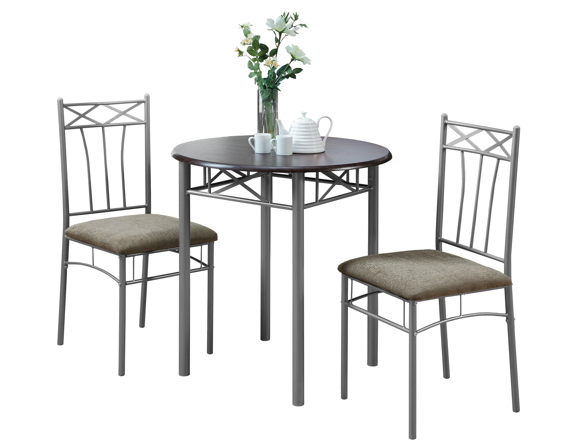 I 3075 Ensemble De Table À Manger, Ensemble 3pcs, Petit, 30" Rond, Cuisine, Métal, Stratifié, Brun, Gris, Transitionnel - Simple Boutique