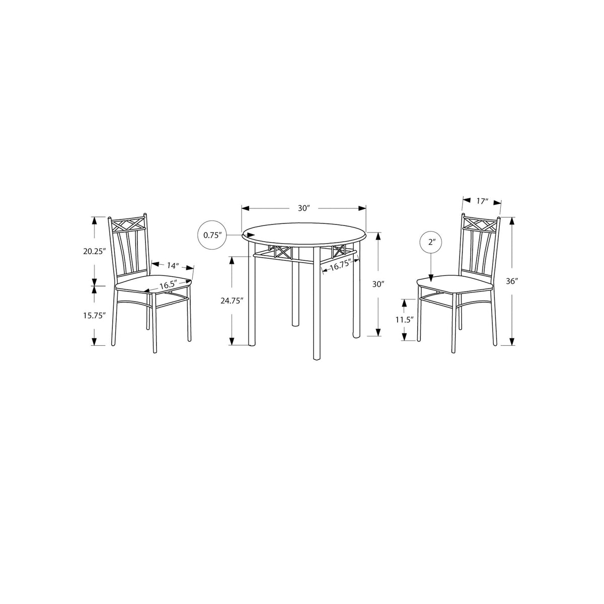 Monarch Specialties I 3075 Ensemble De Table À Manger, Ensemble 3pcs, Petit, 30" Rond, Cuisine, Métal, Stratifié, Brun, Gris, Transitionnel - Simple Boutique