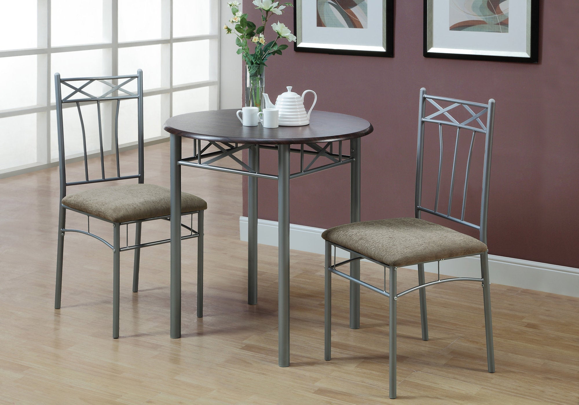 I 3075 Ensemble De Table À Manger, Ensemble 3pcs, Petit, 30" Rond, Cuisine, Métal, Stratifié, Brun, Gris, Transitionnel - Simple Boutique