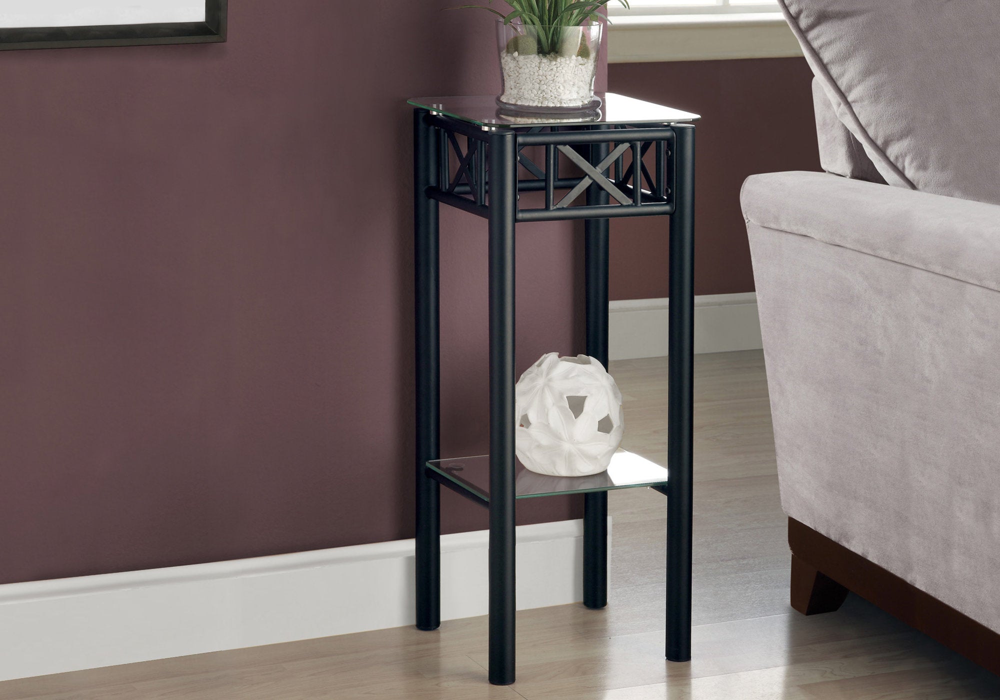 I 3078 Table D'appoint, Côté, Bout, Support Pour Plantes, Carré, Salon, Chambre À Coucher, Métal, Verre Trempé, Noir, Transitionnel - Simple Boutique