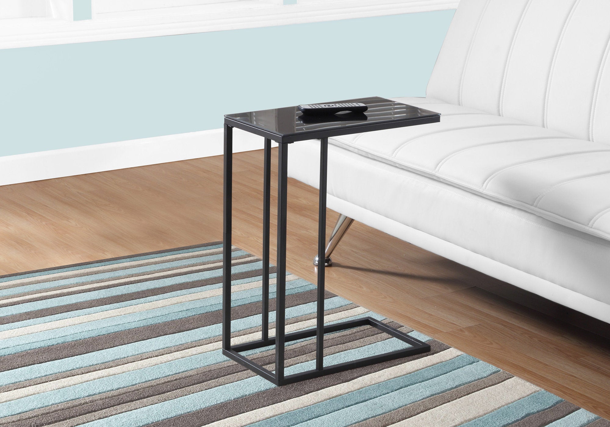 I 3087 Table D'appoint, En Forme De C, Bout, Côté, Collation, Salon, Chambre À Coucher, Métal, Verre Trempé, Noir, Contemporain, Moderne - Simple Boutique