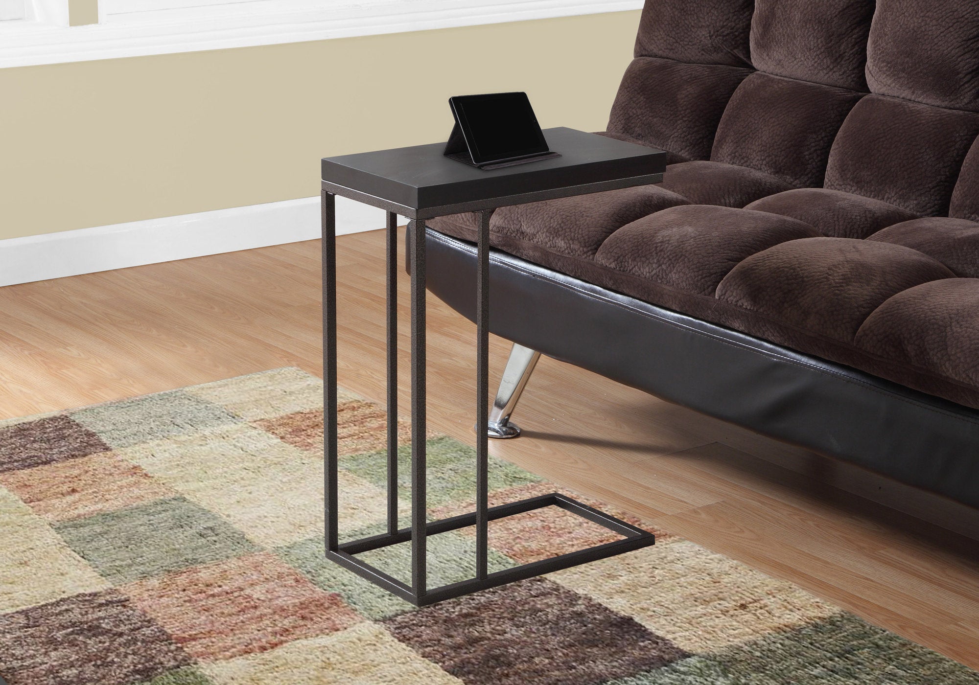 I 3088 Table D'appoint, En Forme De C, Bout, Côté, Collation, Salon, Chambre À Coucher, Métal, Stratifié, Brun, Contemporain, Moderne - Simple Boutique