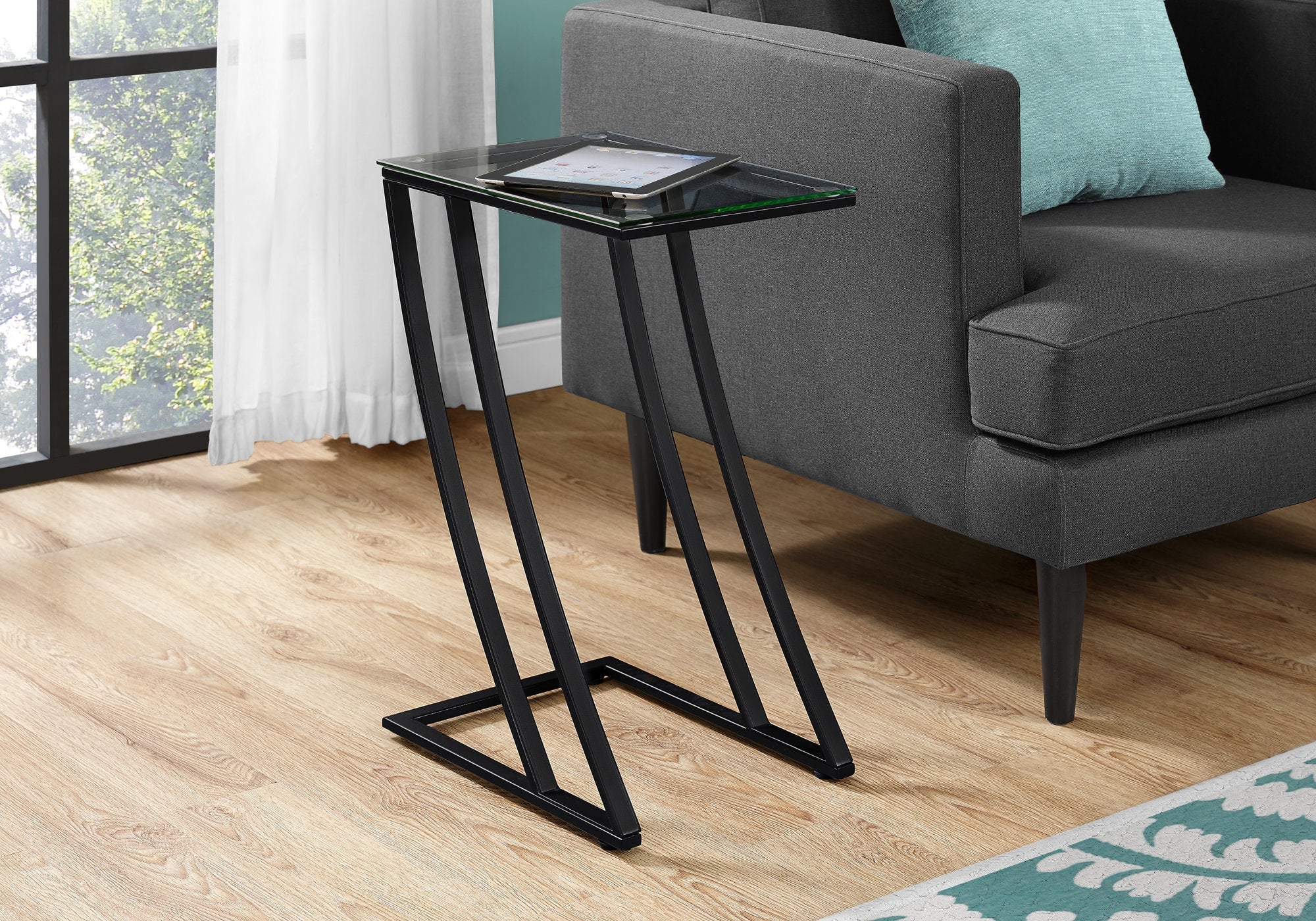 I 3089 Table D'appoint, En Forme De C, Bout, Côté, Collation, Salon, Chambre À Coucher, Métal, Verre Trempé, Noir, Contemporain, Moderne - Simple Boutique
