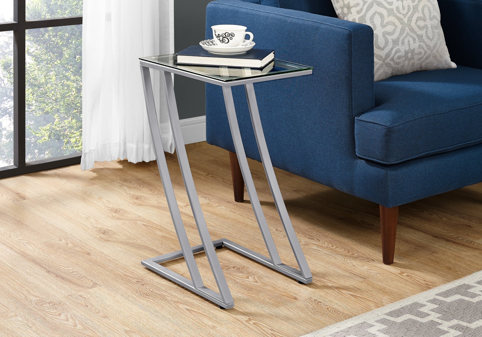 I 3090 Table D'appoint, En Forme De C, Bout, Côté, Collation, Salon, Chambre À Coucher, Métal, Verre Trempé, Gris, Dégager, Contemporain, Moderne - Simple Boutique