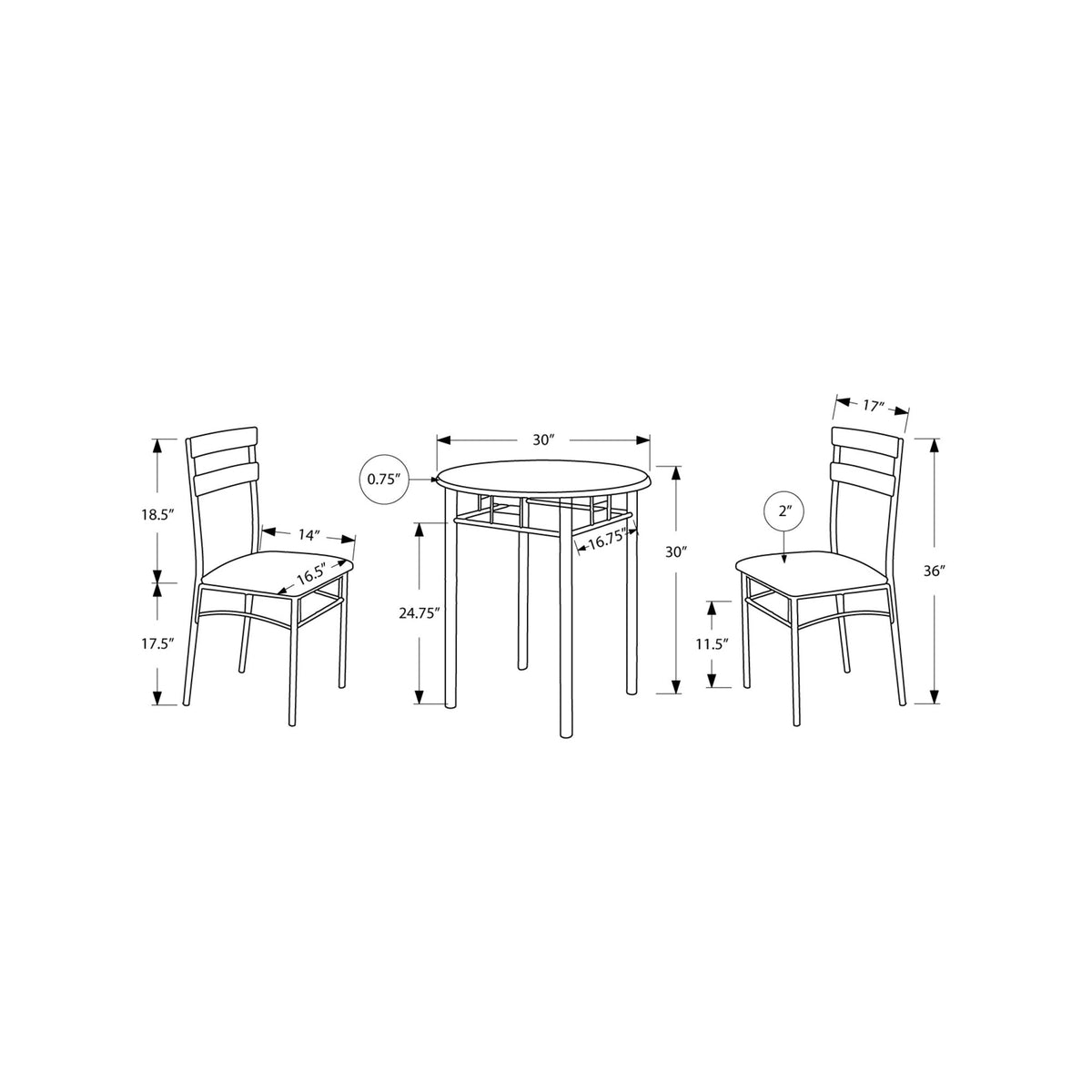 Monarch Specialties I 3095 Ensemble De Table À Manger, Ensemble 3pcs, Petit, 30" Rond, Cuisine, Métal, Stratifié, Noir, Gris, Contemporain, Moderne - Simple Boutique