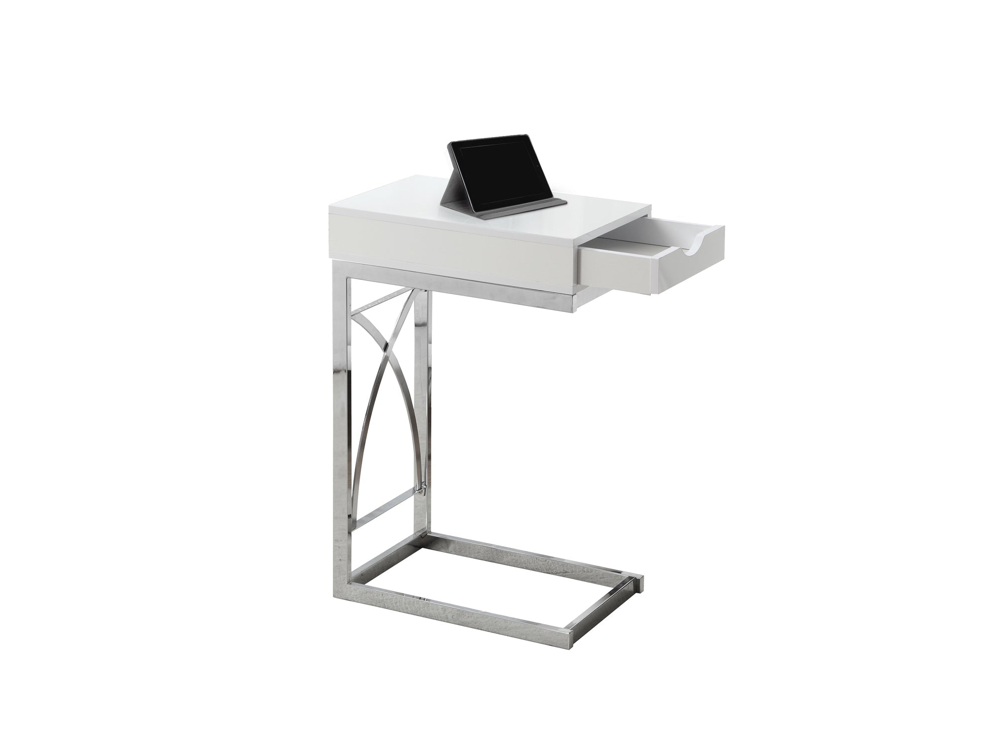 I 3170 Table D'appoint, En Forme De C, Bout, Côté, Collation, Tiroir De Rangement, Salon, Chambre À Coucher, Métal, Stratifié, Blanc Lustré, Chrome, Contemporain, Moderne - Simple Boutique