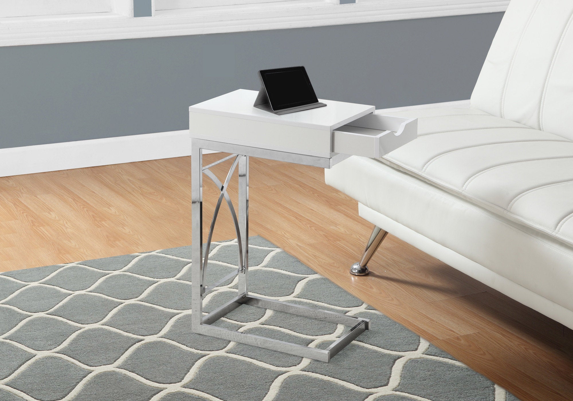 I 3170 Table D'appoint, En Forme De C, Bout, Côté, Collation, Tiroir De Rangement, Salon, Chambre À Coucher, Métal, Stratifié, Blanc Lustré, Chrome, Contemporain, Moderne - Simple Boutique