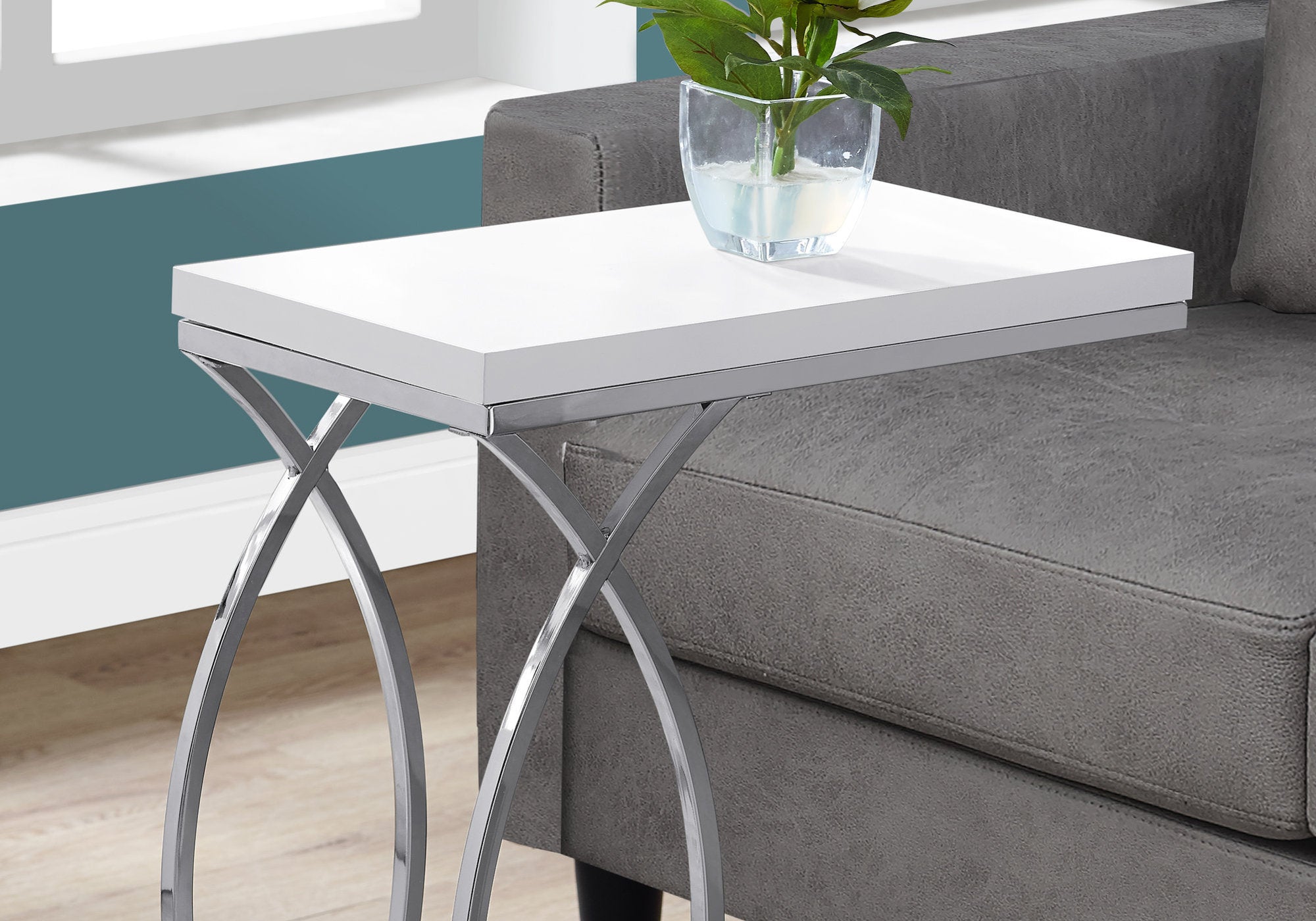 I 3184 Table D'appoint, En Forme De C, Bout, Côté, Collation, Salon, Chambre À Coucher, Métal, Stratifié, Blanc Lustré, Chrome, Contemporain, Moderne - Simple Boutique