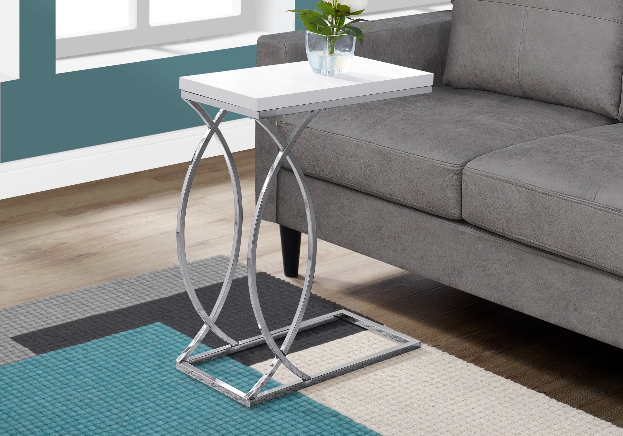 I 3184 Table D'appoint, En Forme De C, Bout, Côté, Collation, Salon, Chambre À Coucher, Métal, Stratifié, Blanc Lustré, Chrome, Contemporain, Moderne - Simple Boutique