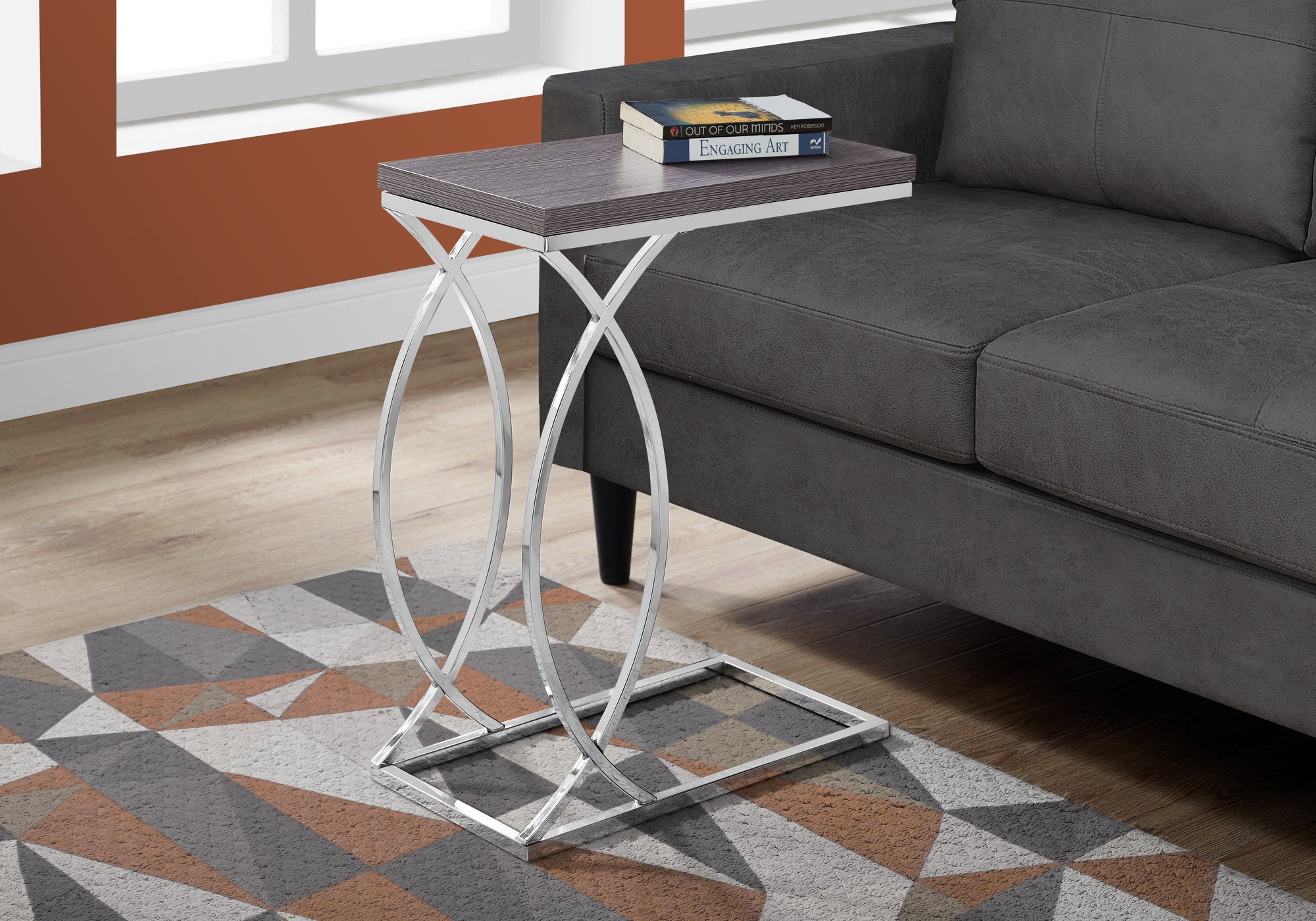 I 3187 Table D'appoint, En Forme De C, Bout, Côté, Collation, Salon, Chambre À Coucher, Métal, Stratifié, Gris, Chrome, Contemporain, Moderne - Simple Boutique