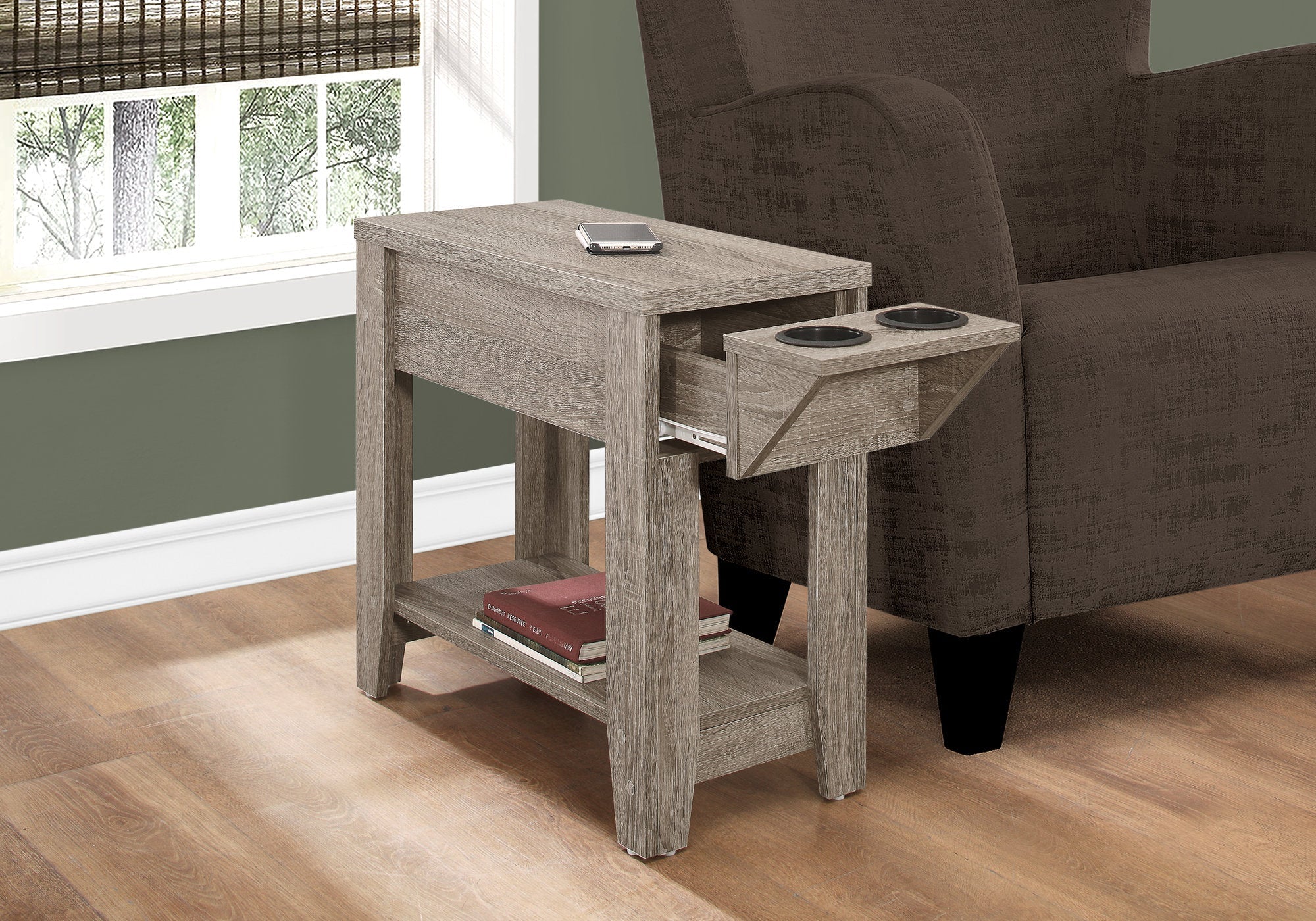 I 3198 Table D'appoint, Côté, Bout, Rangement, Lampe, Salon, Chambre À Coucher, Stratifié, Taupe Foncé, Transitionnel - Simple Boutique