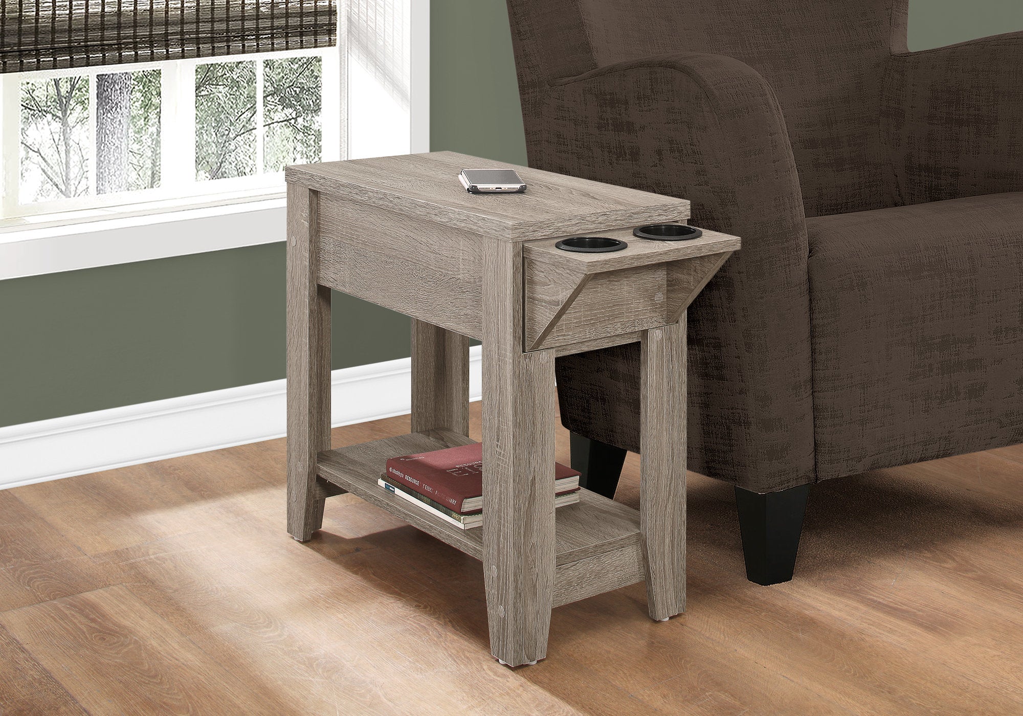 I 3198 Table D'appoint, Côté, Bout, Rangement, Lampe, Salon, Chambre À Coucher, Stratifié, Taupe Foncé, Transitionnel - Simple Boutique