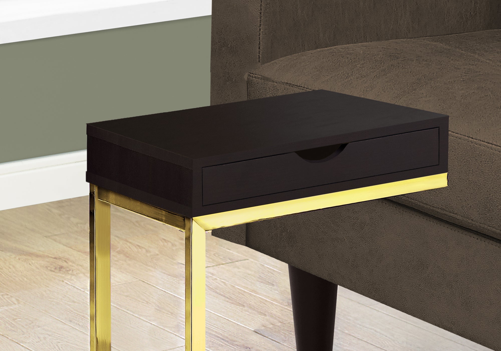 I 3236 Table D'appoint, En Forme De C, Bout, Côté, Collation, Tiroir De Rangement, Salon, Chambre À Coucher, Métal, Stratifié, Brun, Or, Contemporain, Moderne - Simple Boutique