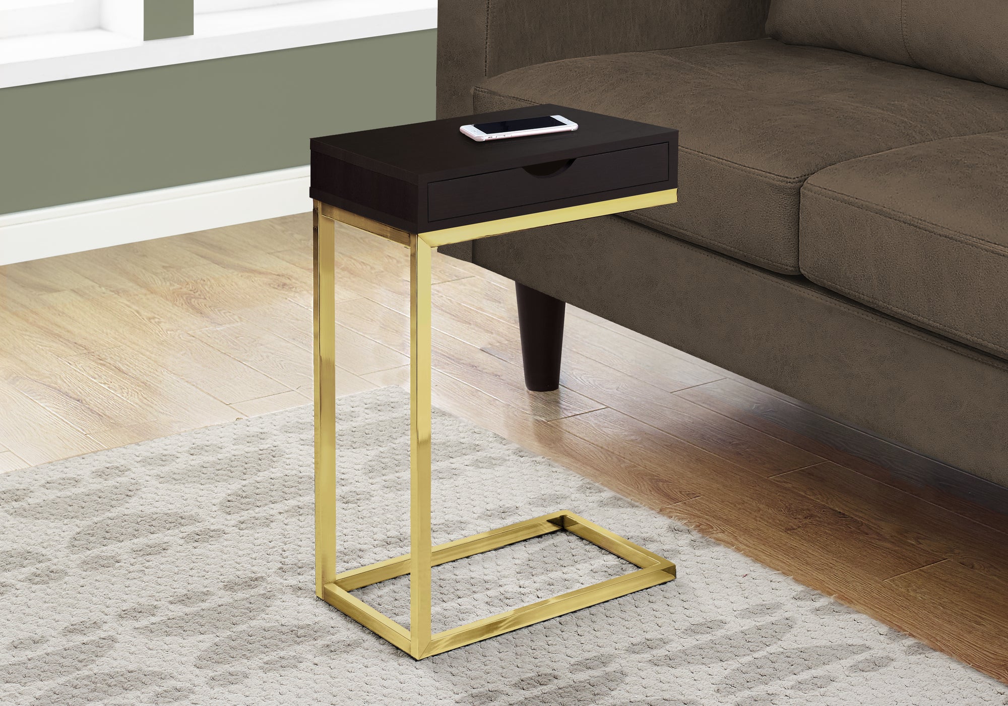 I 3236 Table D'appoint, En Forme De C, Bout, Côté, Collation, Tiroir De Rangement, Salon, Chambre À Coucher, Métal, Stratifié, Brun, Or, Contemporain, Moderne - Simple Boutique